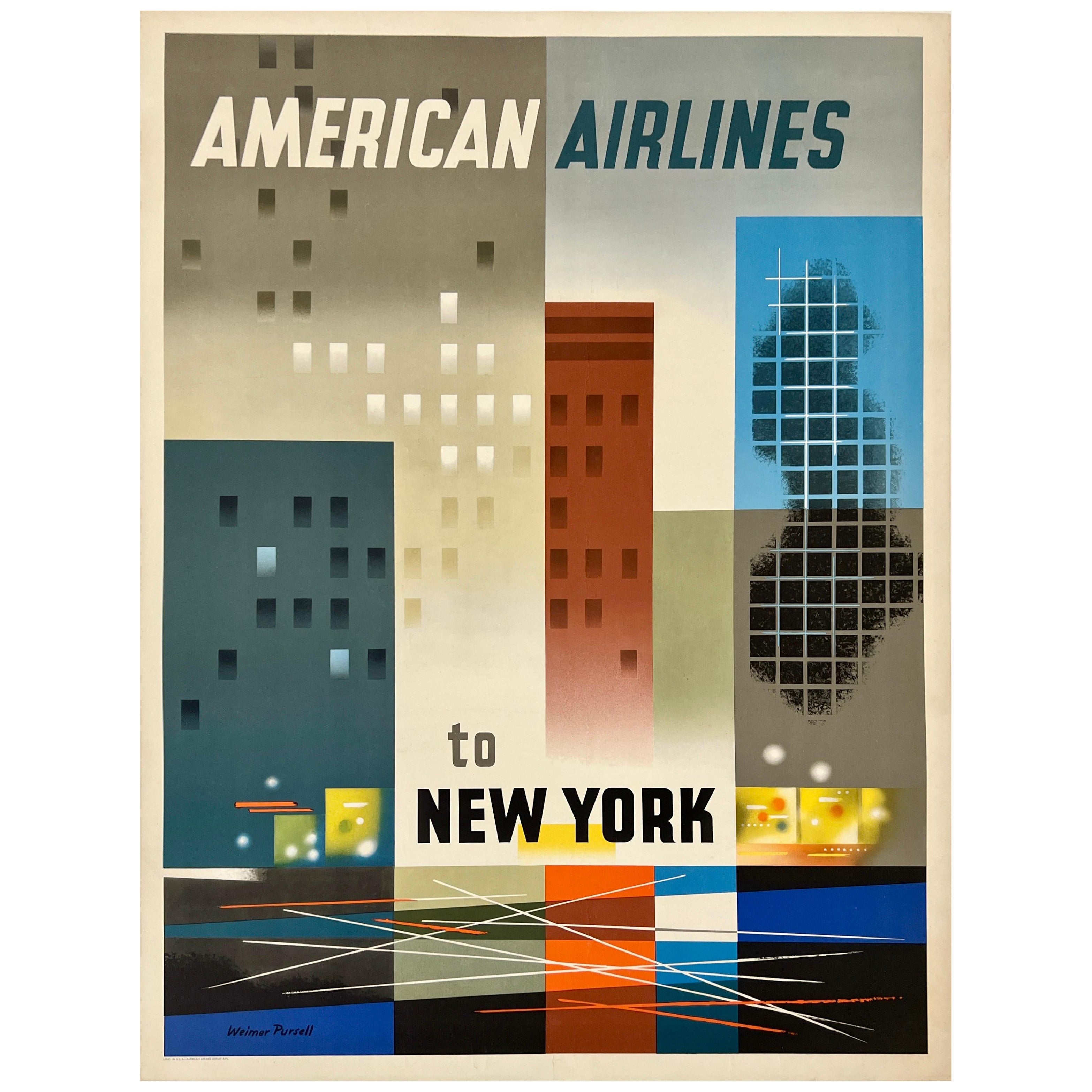AMERICAN AIRLINES TO NEW YORK Original Vintage Airline Travel Poster