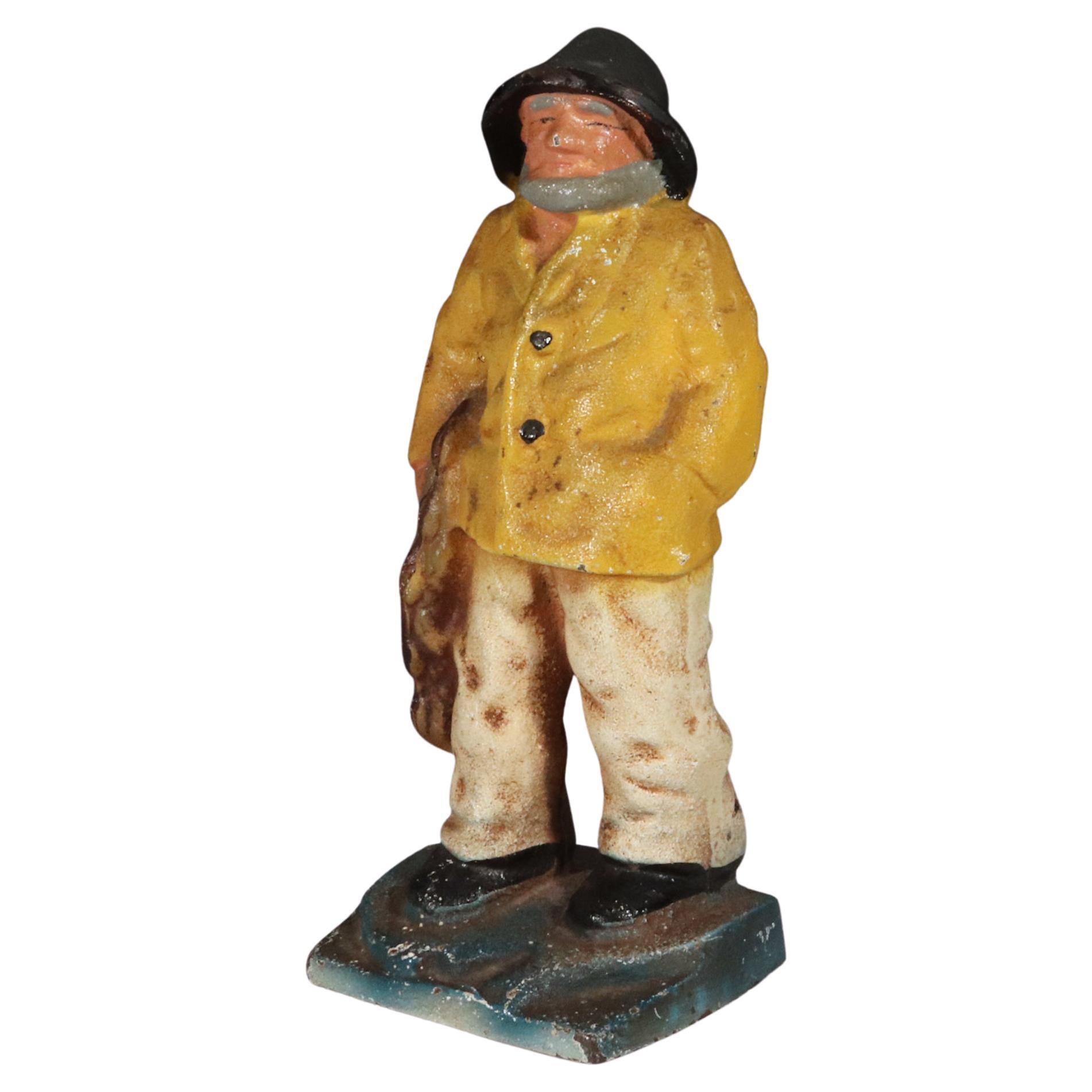 American American Painted Cast Iron "Old Salt" Maine Fisherman Doorstop For Sale