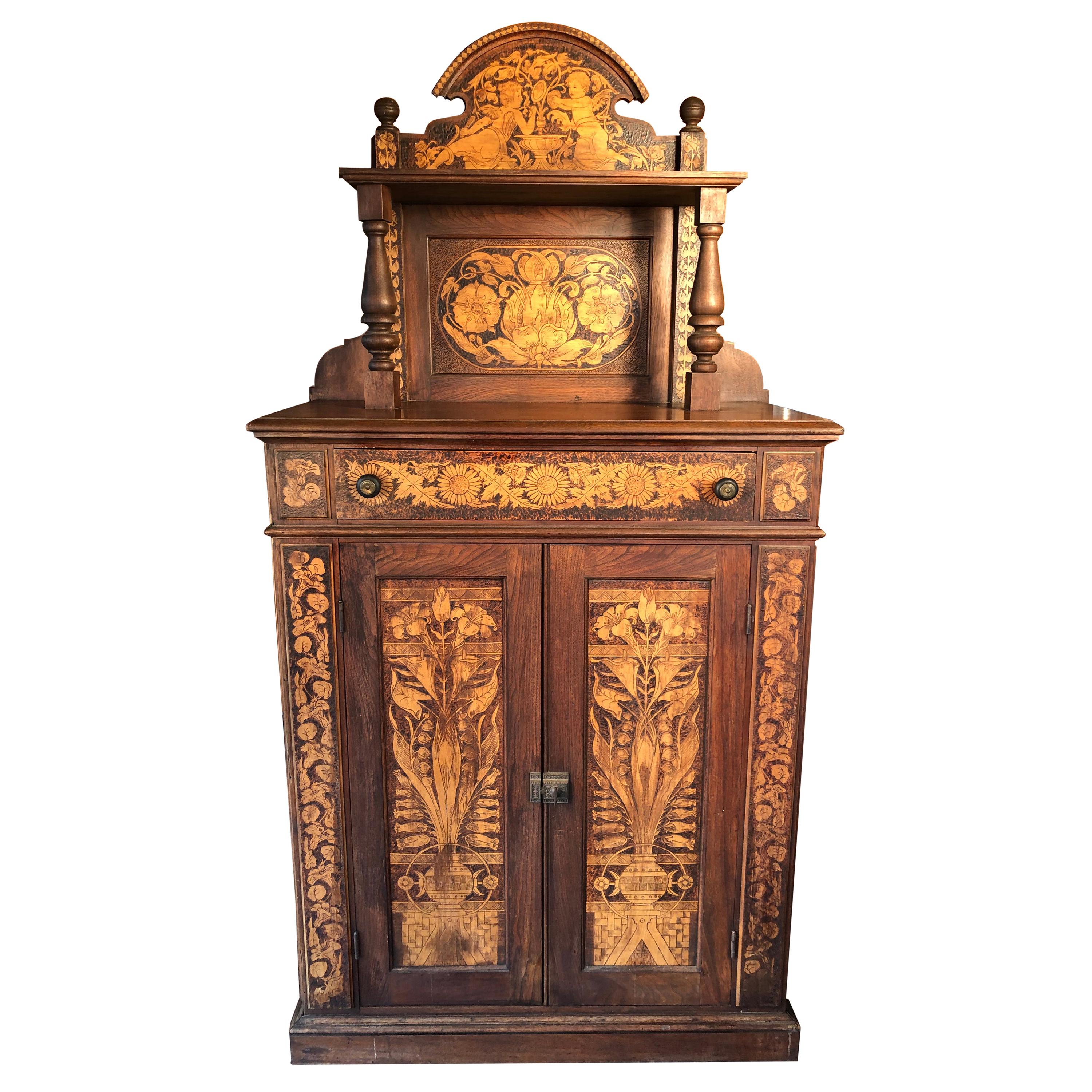 American 19th Century Handcrafted “CHERUBS" Aesthetic Walnut Serving Cabinet For Sale