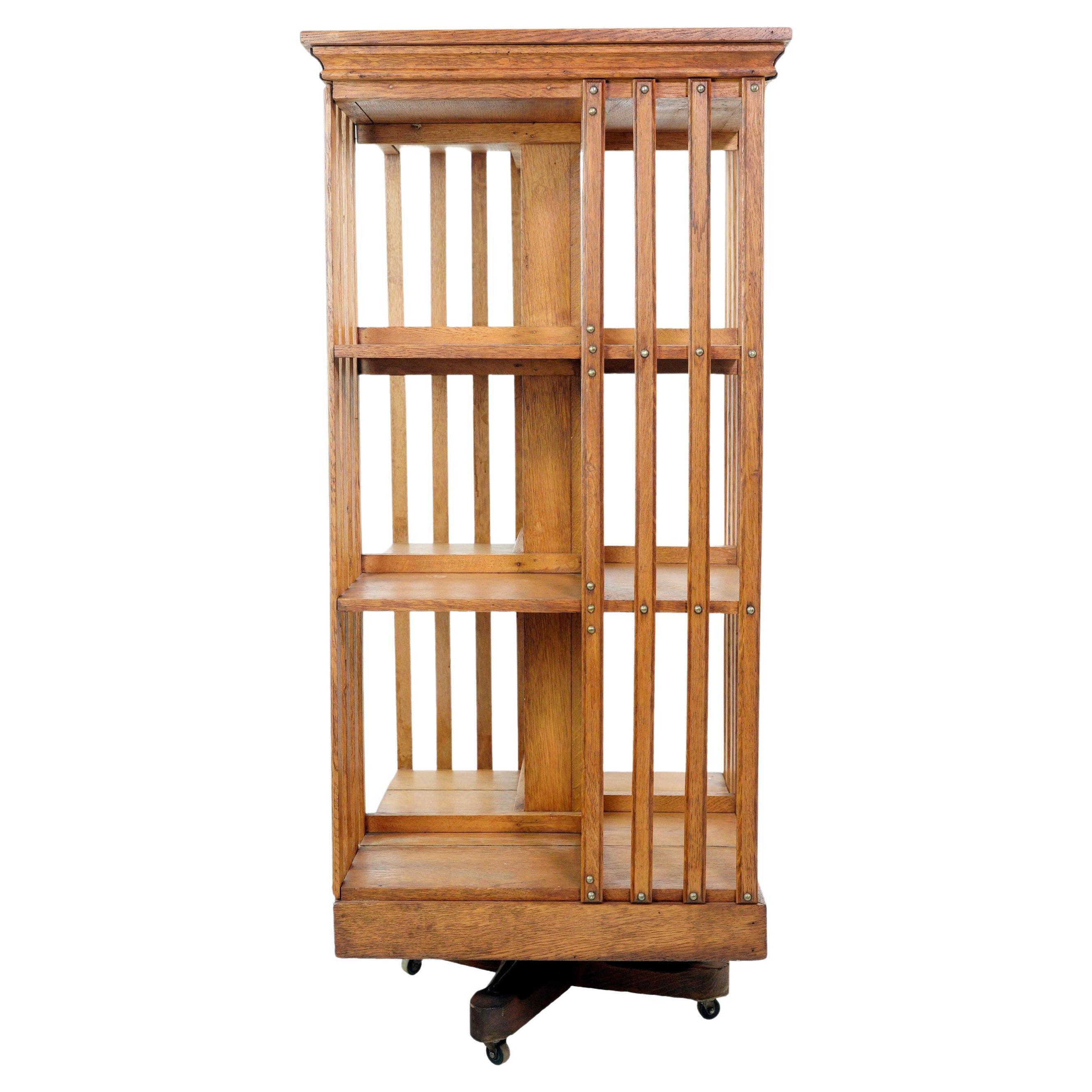 Antique American 3 Tier Revolving Tiger Oak Bookcase by John Danner For