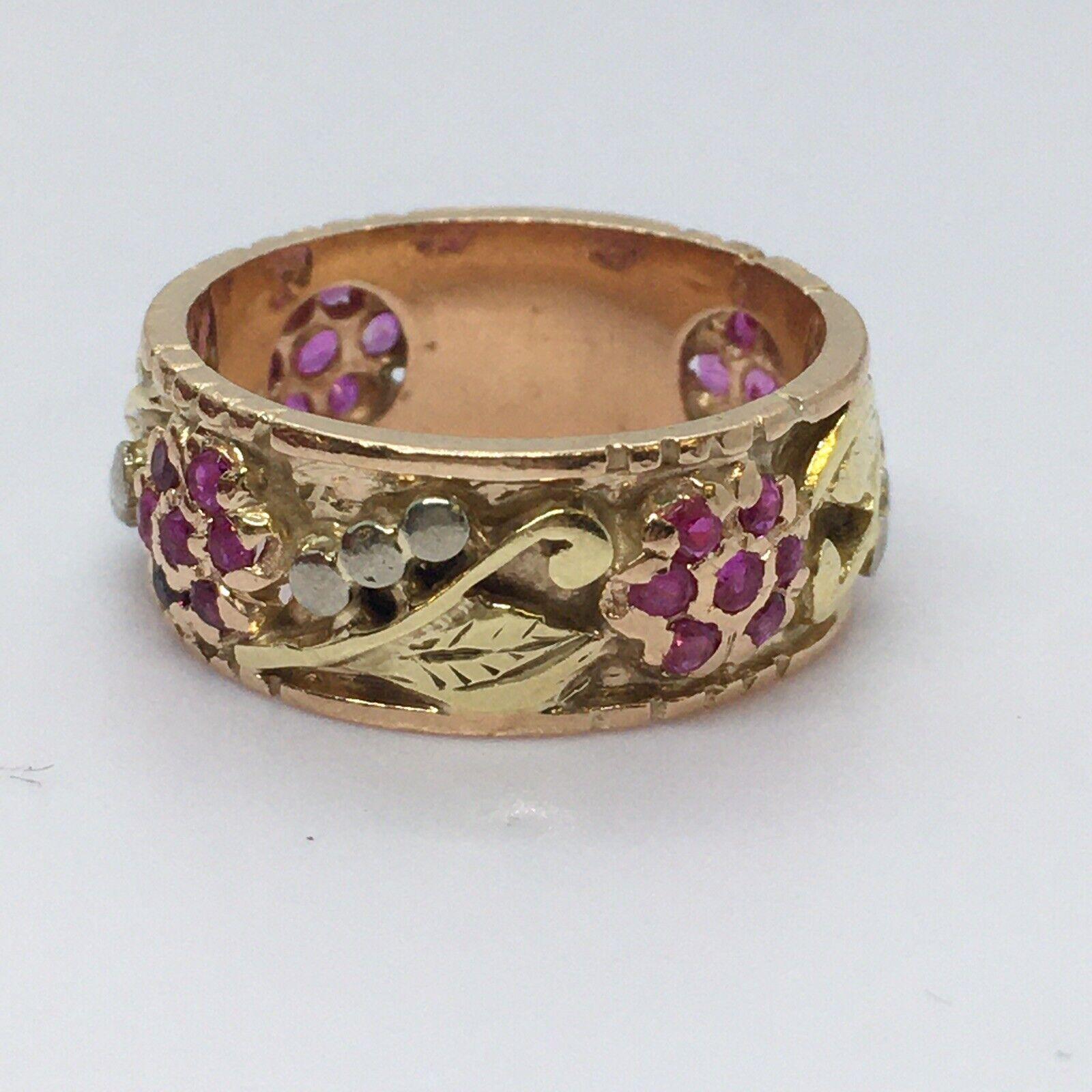 American Antique Art Deco 14k Tricolor Gold Burmese Ruby Band, 1930s In Good Condition For Sale In Santa Monica, CA