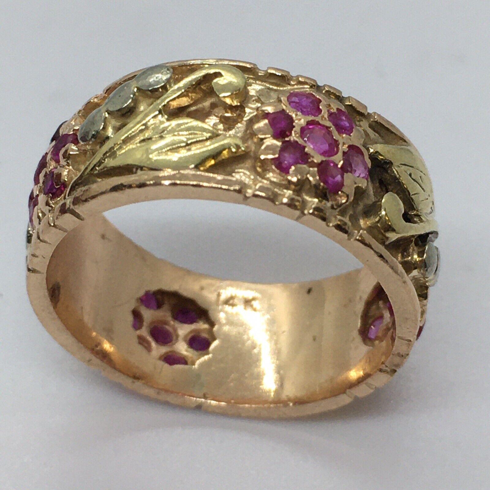 Women's American Antique Art Deco 14k Tricolor Gold Burmese Ruby Band, 1930s For Sale