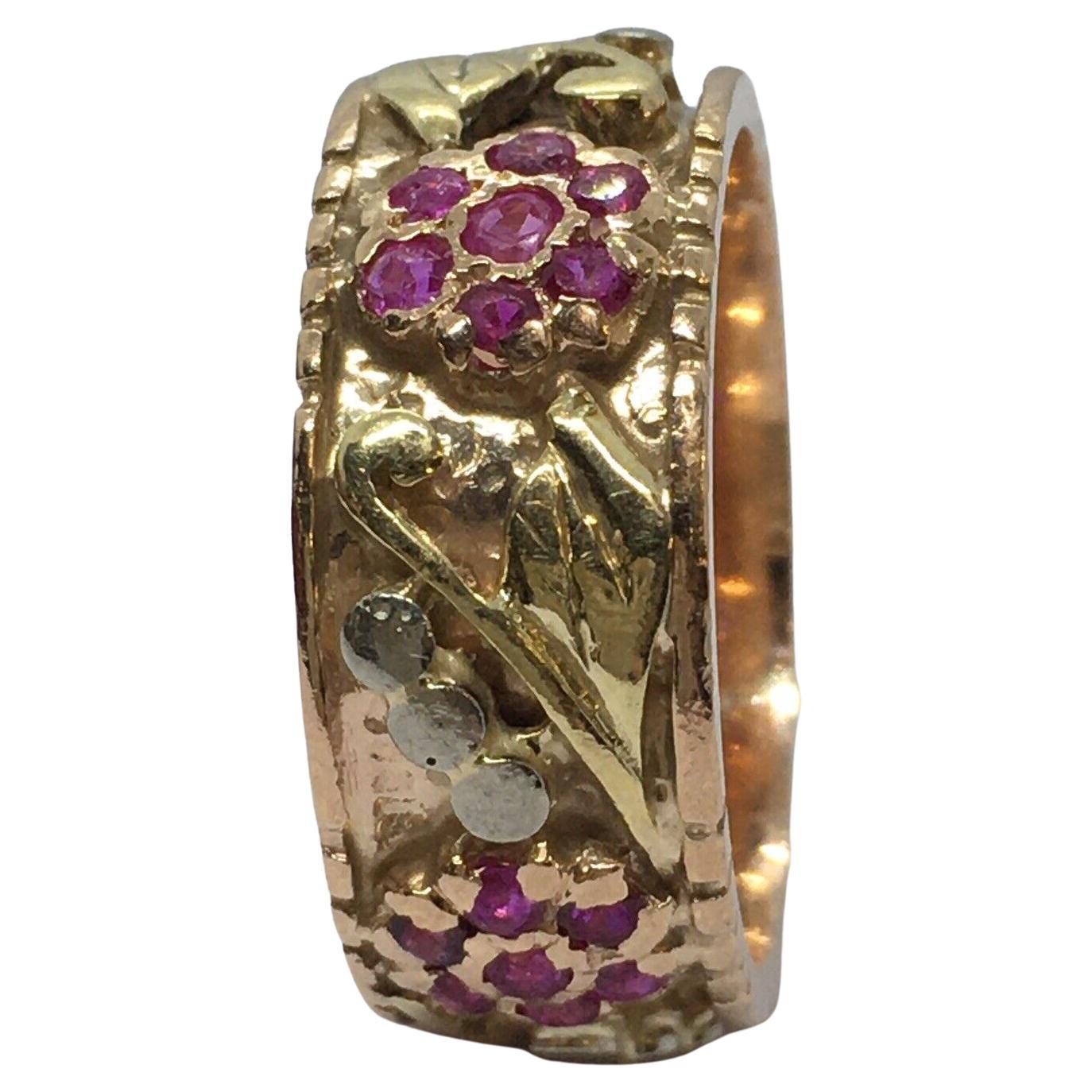 American Antique Art Deco 14k Tricolor Gold Burmese Ruby Band, 1930s For Sale