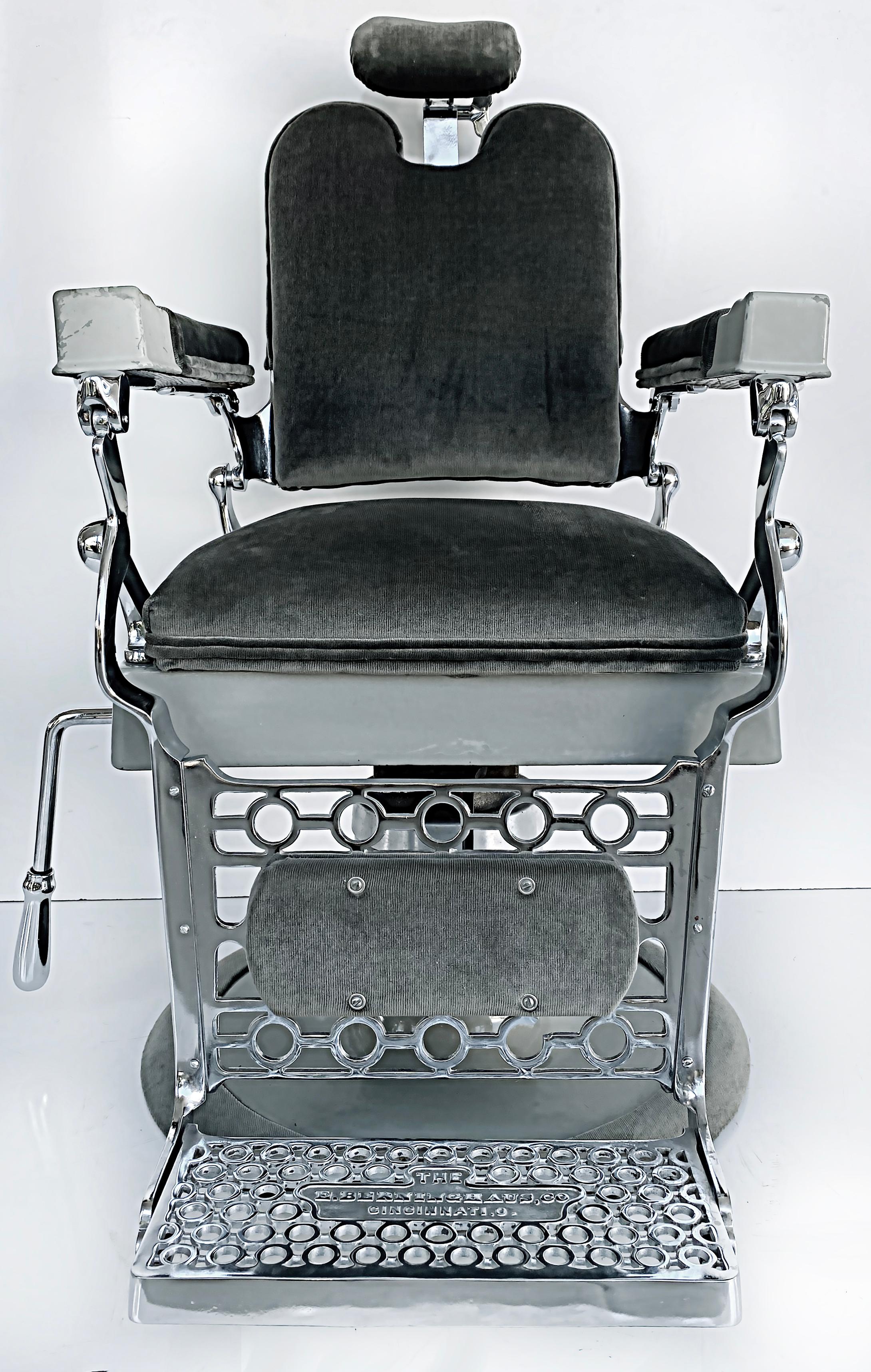 American Antique Barber chair by Eugene Berninghaus Co.

Offered for sale is an antique early 20th -century barber chair made by the Eugene Berninghaus Co.. Named to be the first barber chair manufacturer in the United States, the Eugene Berninghaus