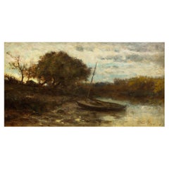 American Antique Barbizon River Landscape Painting by James Crawford Thom c.1878