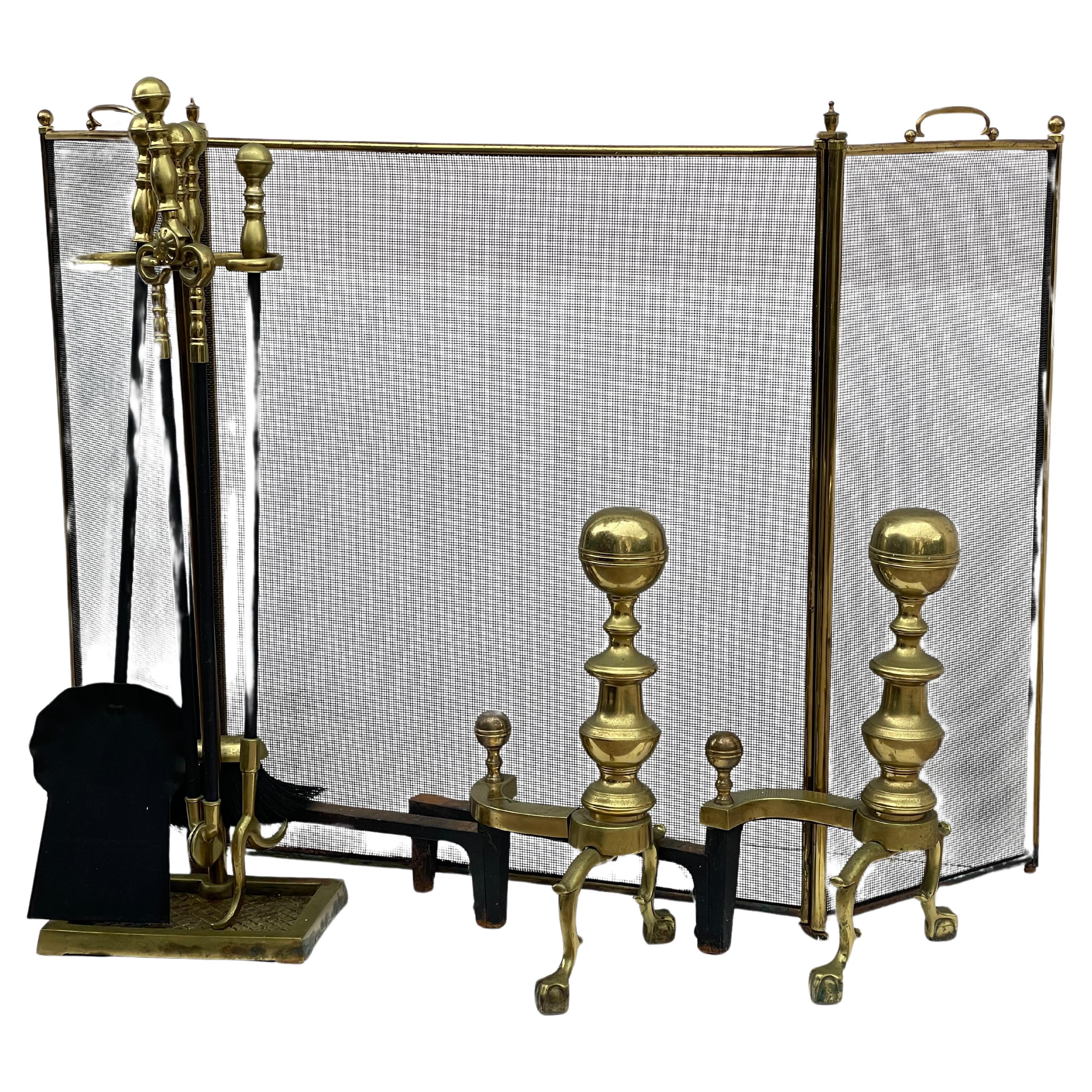 American Antique Fireplace 8 pcs Set Andirons Screen Tools For Sale