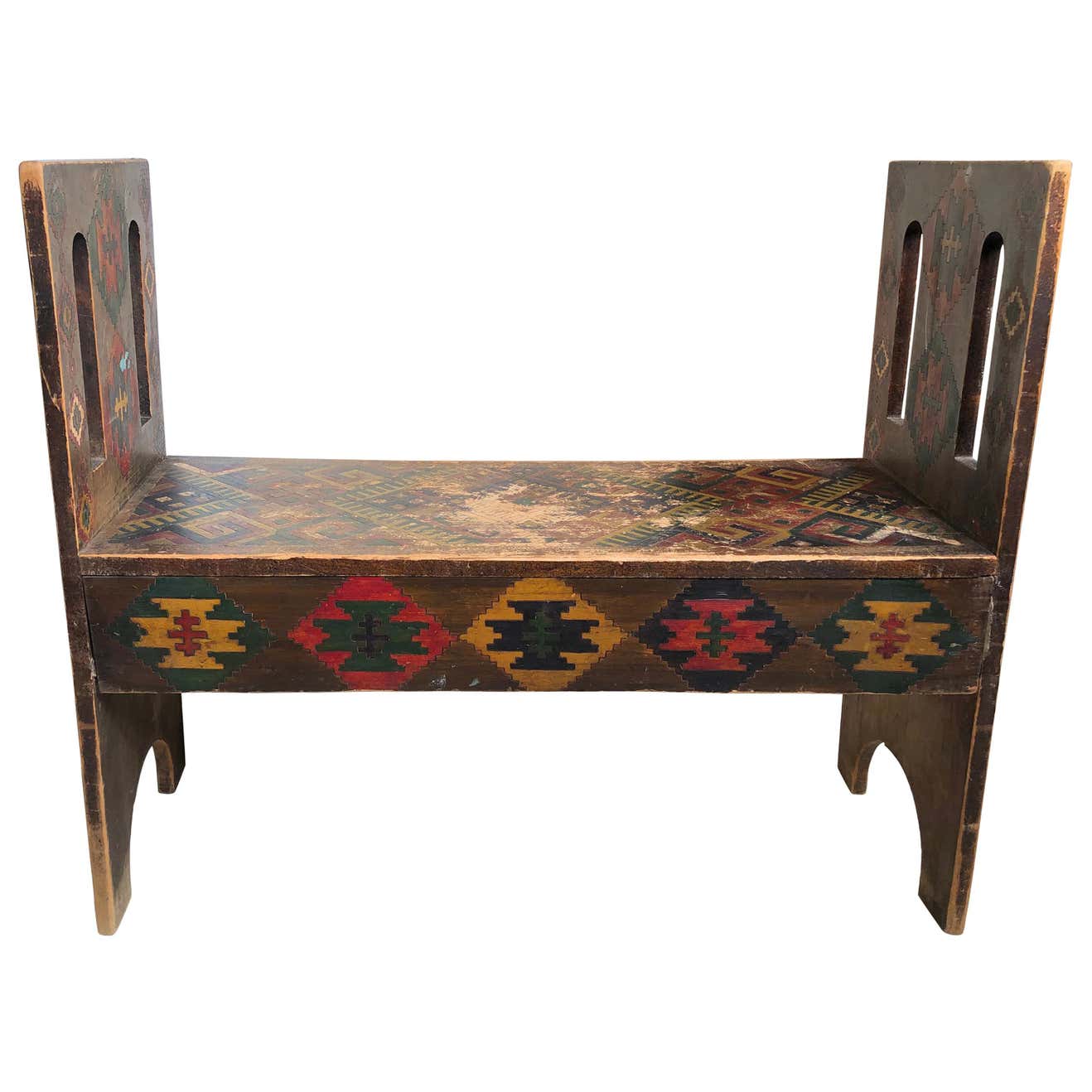 American Antique Hand-Incised and Painted Wood Bench, Unique Native ...
