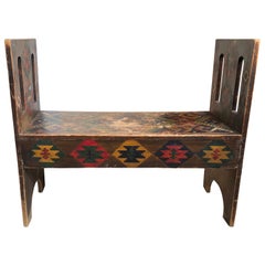 American Antique Hand-Incised & Painted Wood Bench, Unique Native American, 1910