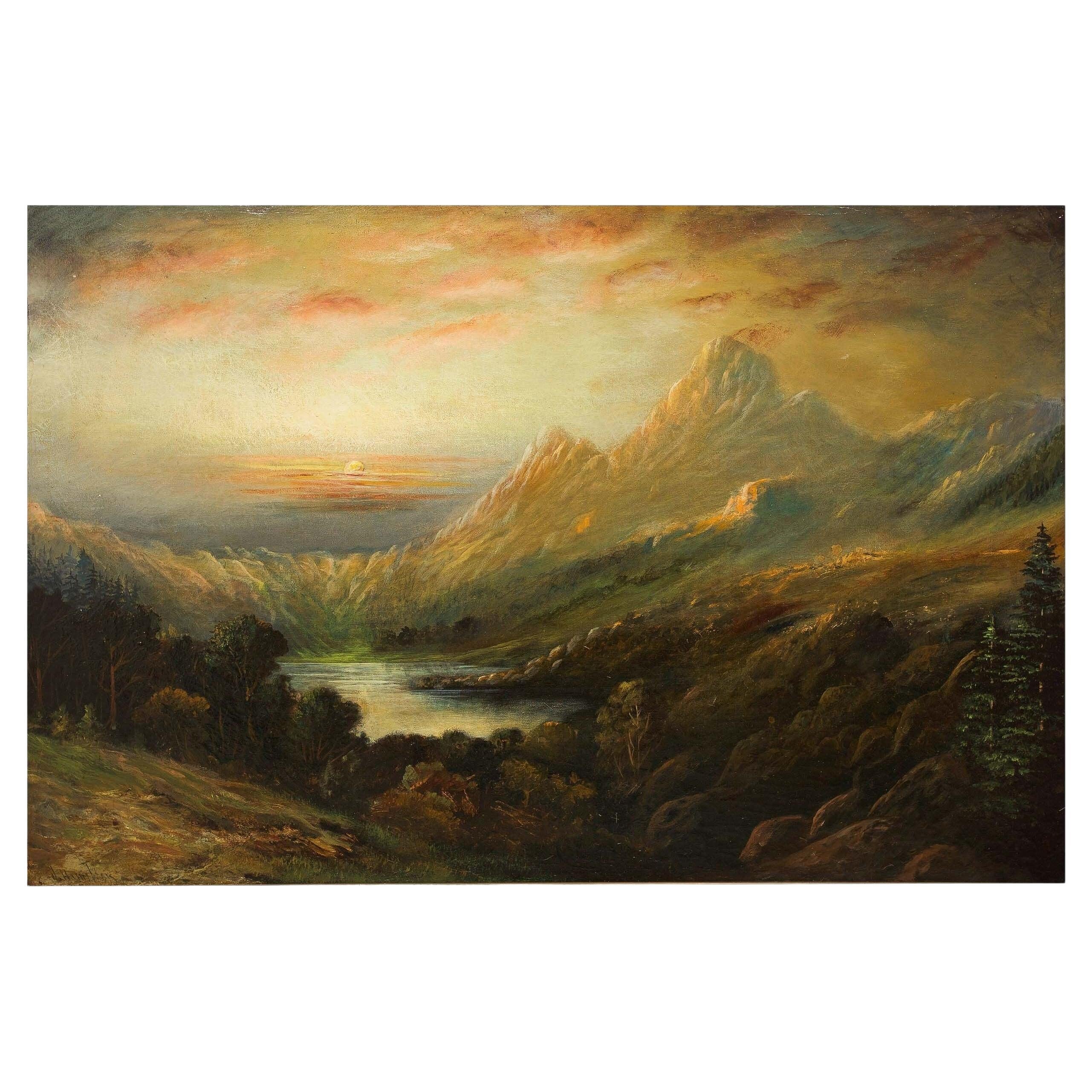 American Antique Landscape Painting of a Mountain Range by James Hamilton