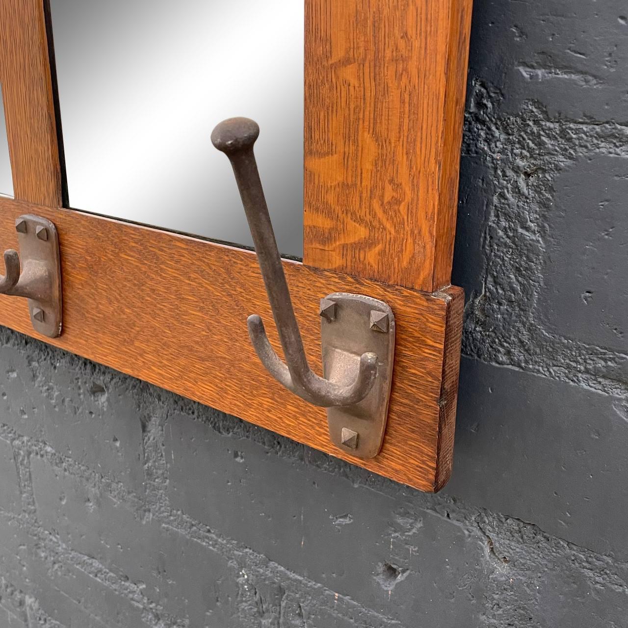 Iron American Antique Mission Oak Wall Hanging Mirror by Stickley, circa 1940s For Sale