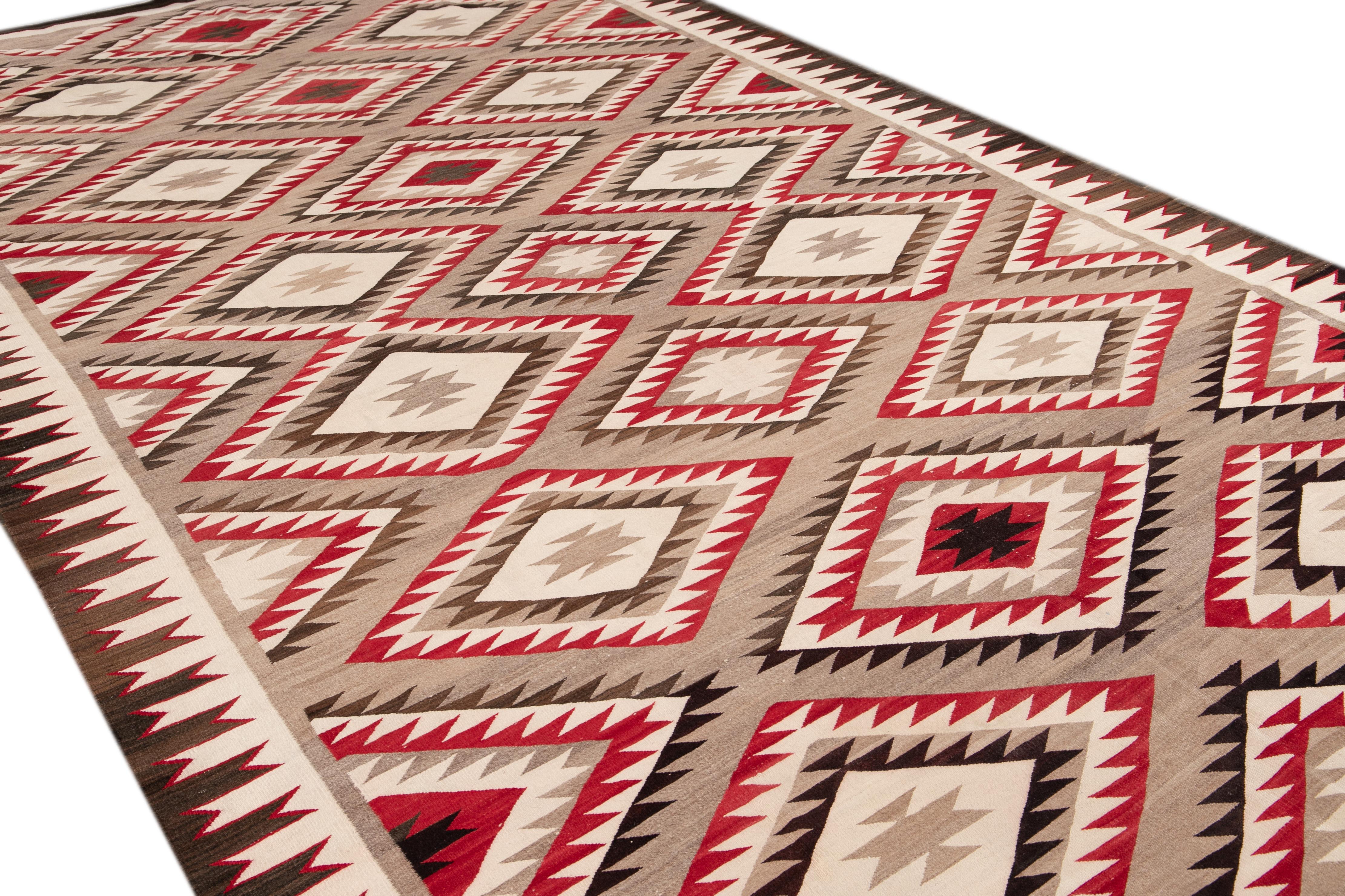 American Antique Navajo Geometric Folk Navajo Flat-Weave Wool Rug For Sale 5