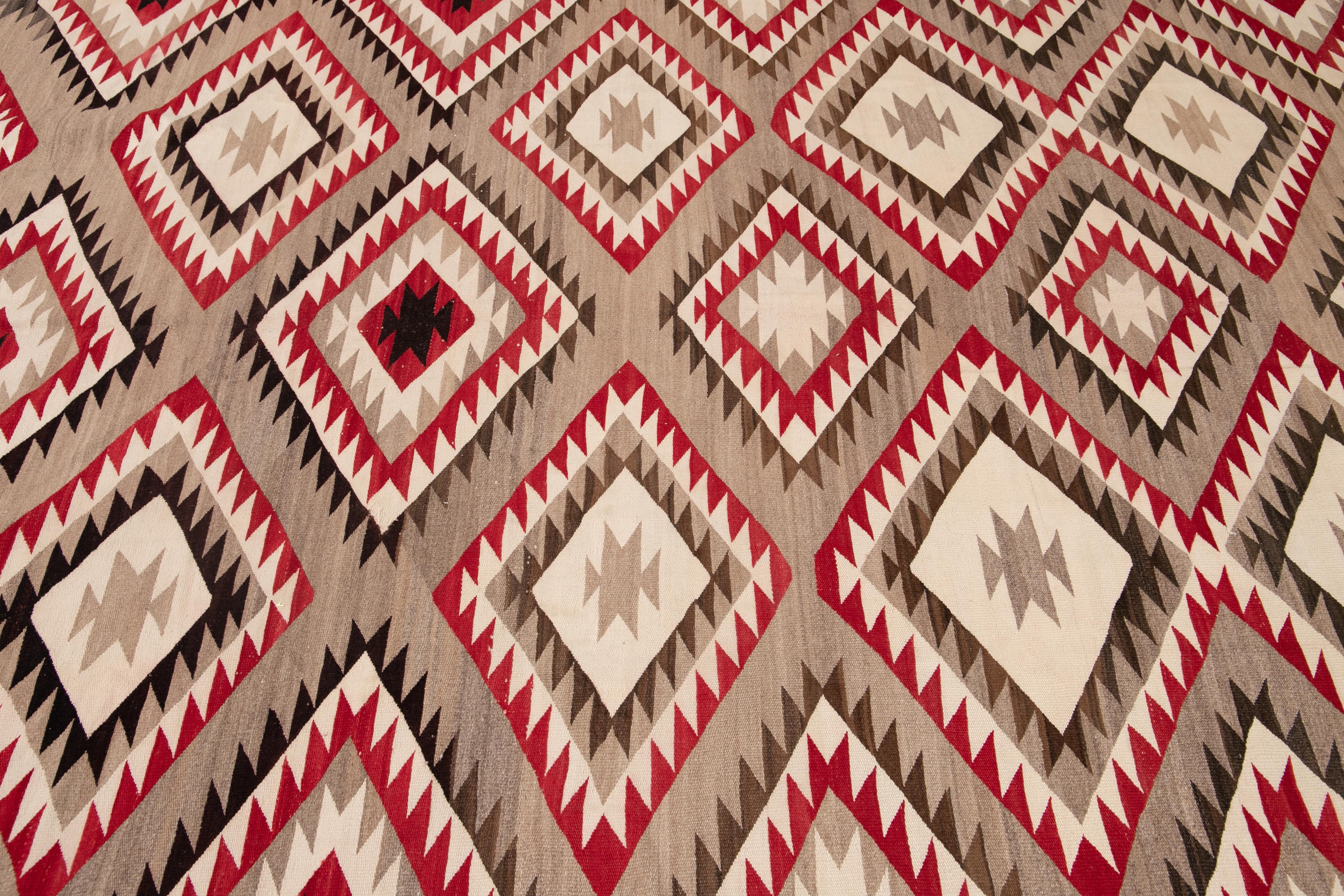 American Antique Navajo Geometric Folk Navajo Flat-Weave Wool Rug For Sale 3