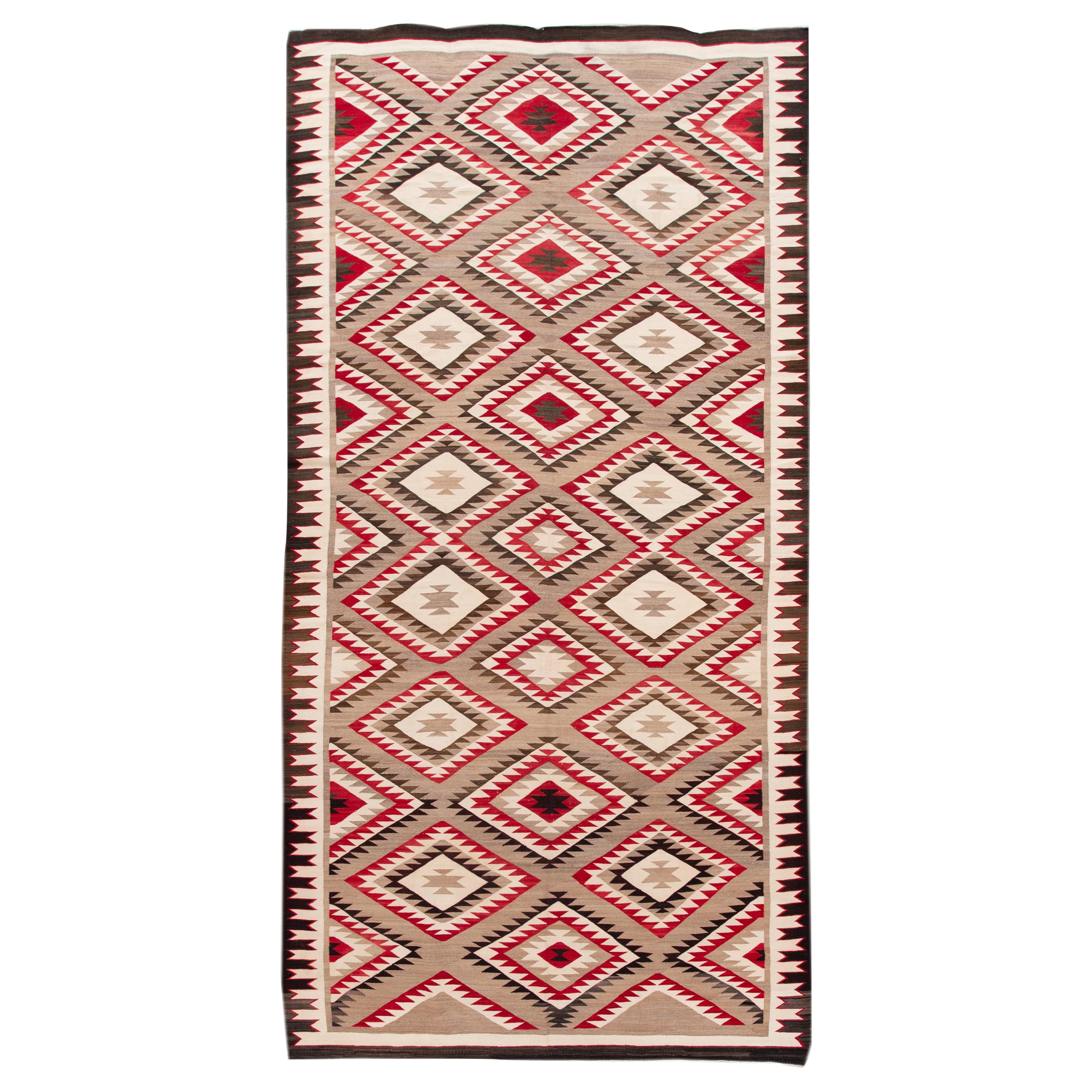 American Antique Navajo Geometric Folk Navajo Flat-Weave Wool Rug