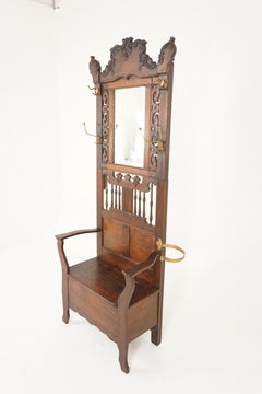 American Antique Oak Hall Stand, Hall Tree, Storage Bench, American 1900