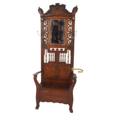 American Antique Oak Hall Stand, Hall Tree, Storage Bench, American 1900