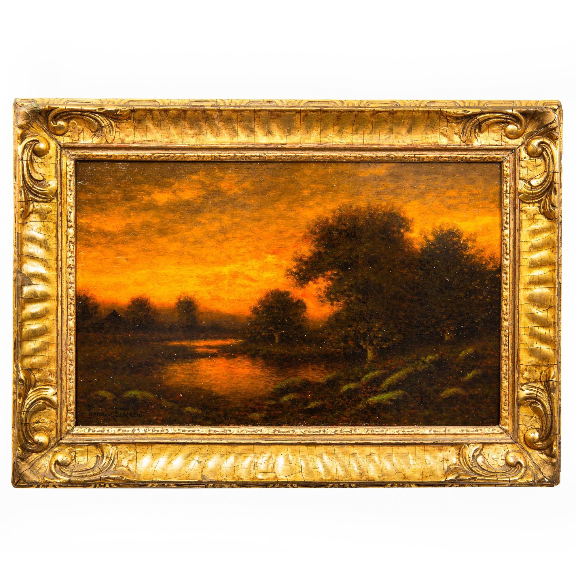 GEORGE DREW
American, 1875-1968 

Evening Landscape

Oil on panel   signed lower left

10” H x 14” W x 7/8” D [frame] 
7” H x 11” W [panel]  

Essay
A very finely painted and brilliantly luminous oil painting on an artist's panel by the renowned