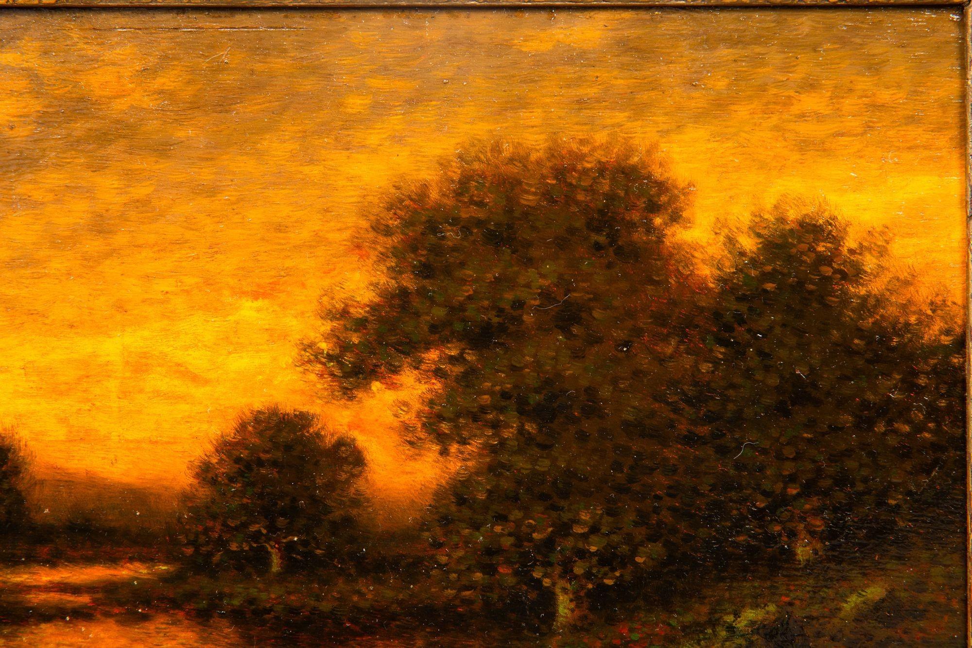 Hand-Painted American Antique Oil Painting of Evening Landscape by George W. Drew For Sale