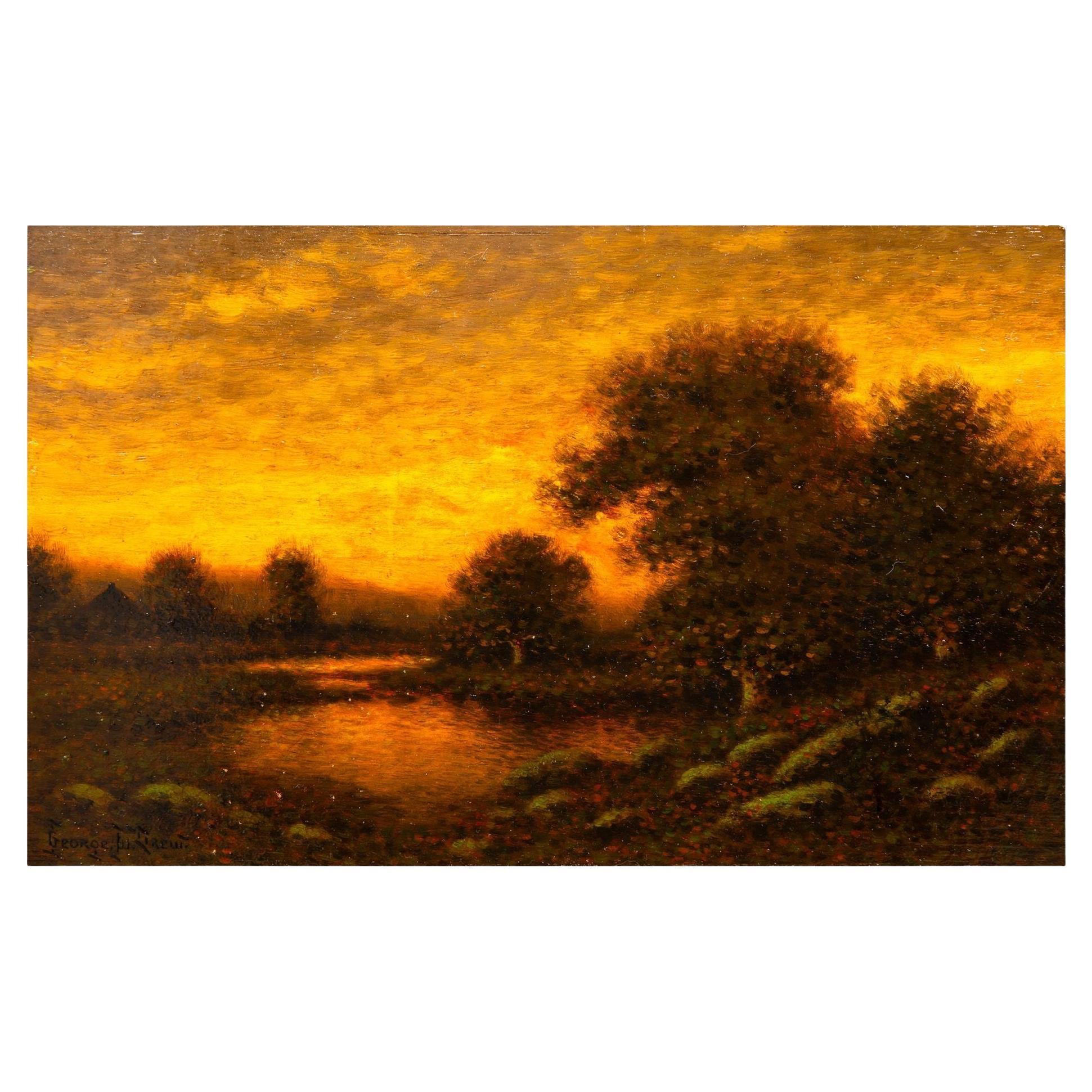 American Antique Oil Painting of Evening Landscape by George W. Drew