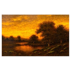 Pintura al óleo antigua americana de Paisaje nocturno de George W. Drew