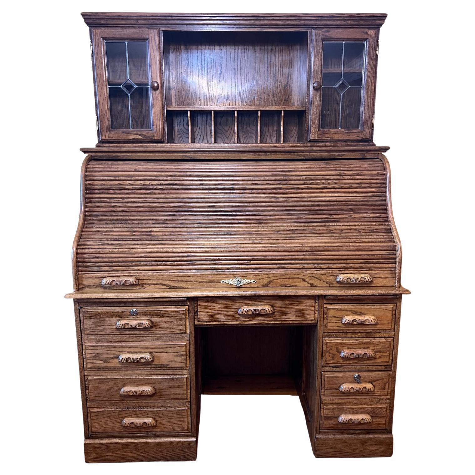 American Antique Reproduction Roll Top Desk with Top Cupboard