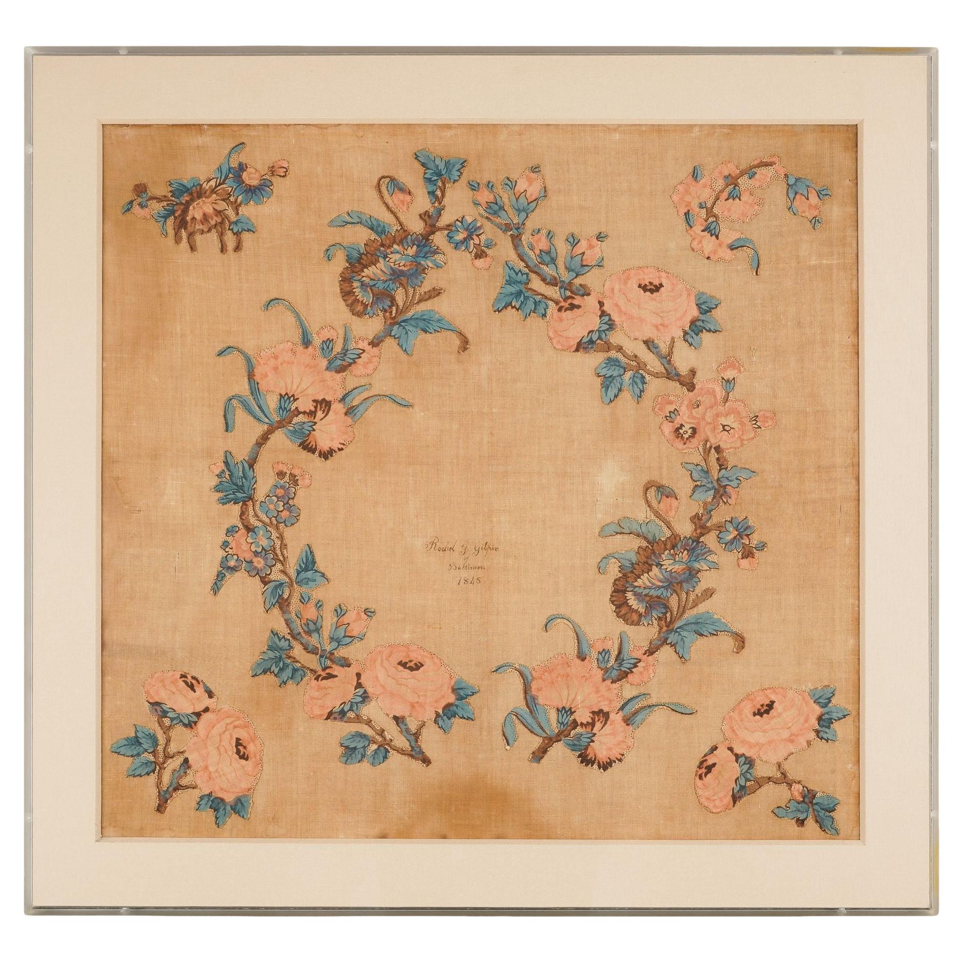 American appliqué quilt square by Rachel G Gilpin, 1845 For Sale