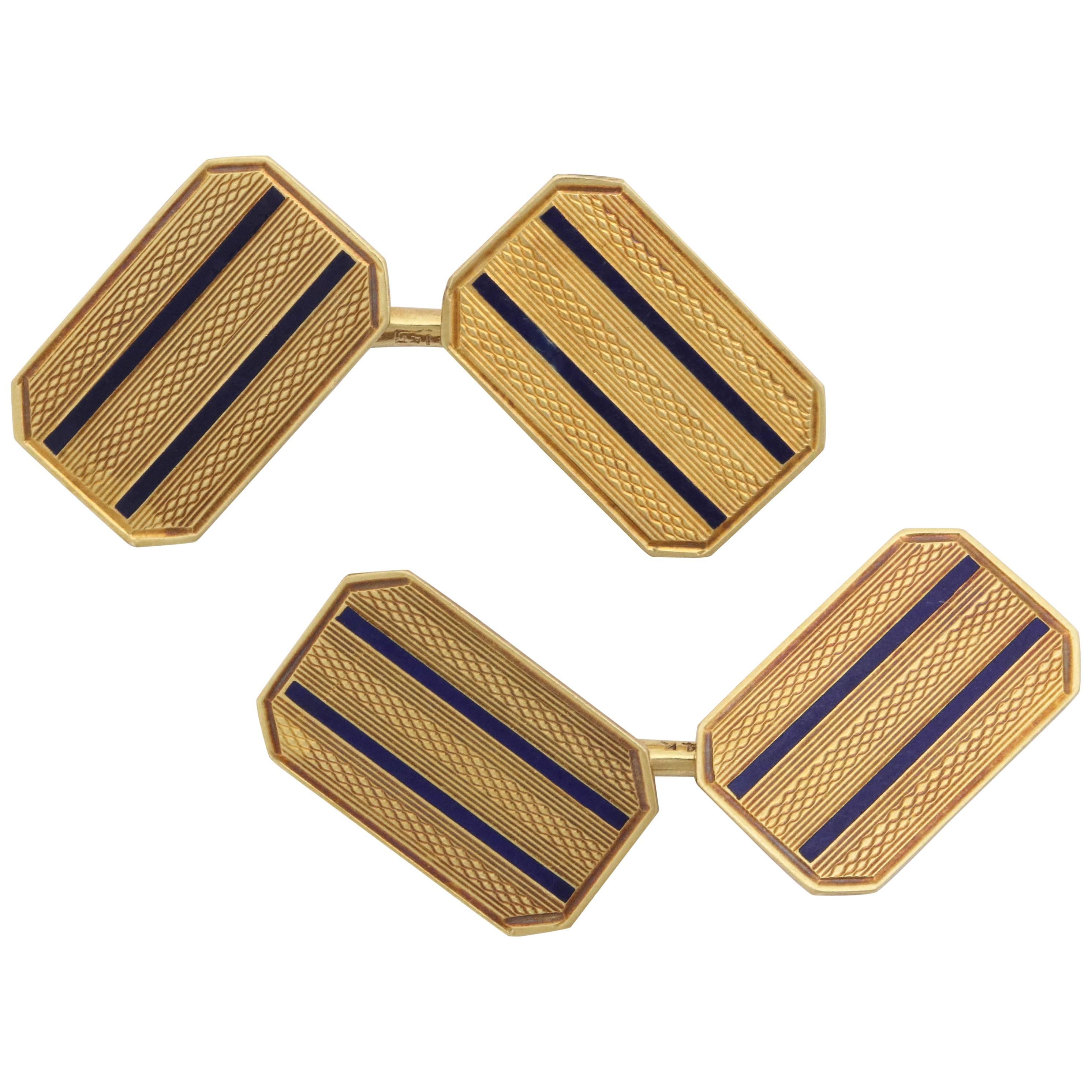 American Art Deco 14 Karat Yellow Gold and Guilloche Enamel Cufflinks For Sale