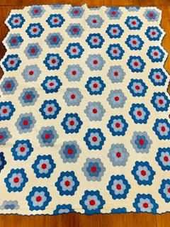 American Art Deco 1930s Hexagonal Flower Garden Quilt in Blue & Red