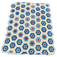 American Art Deco 1930s Hexagonal Flower Garden Quilt in Blue & Red