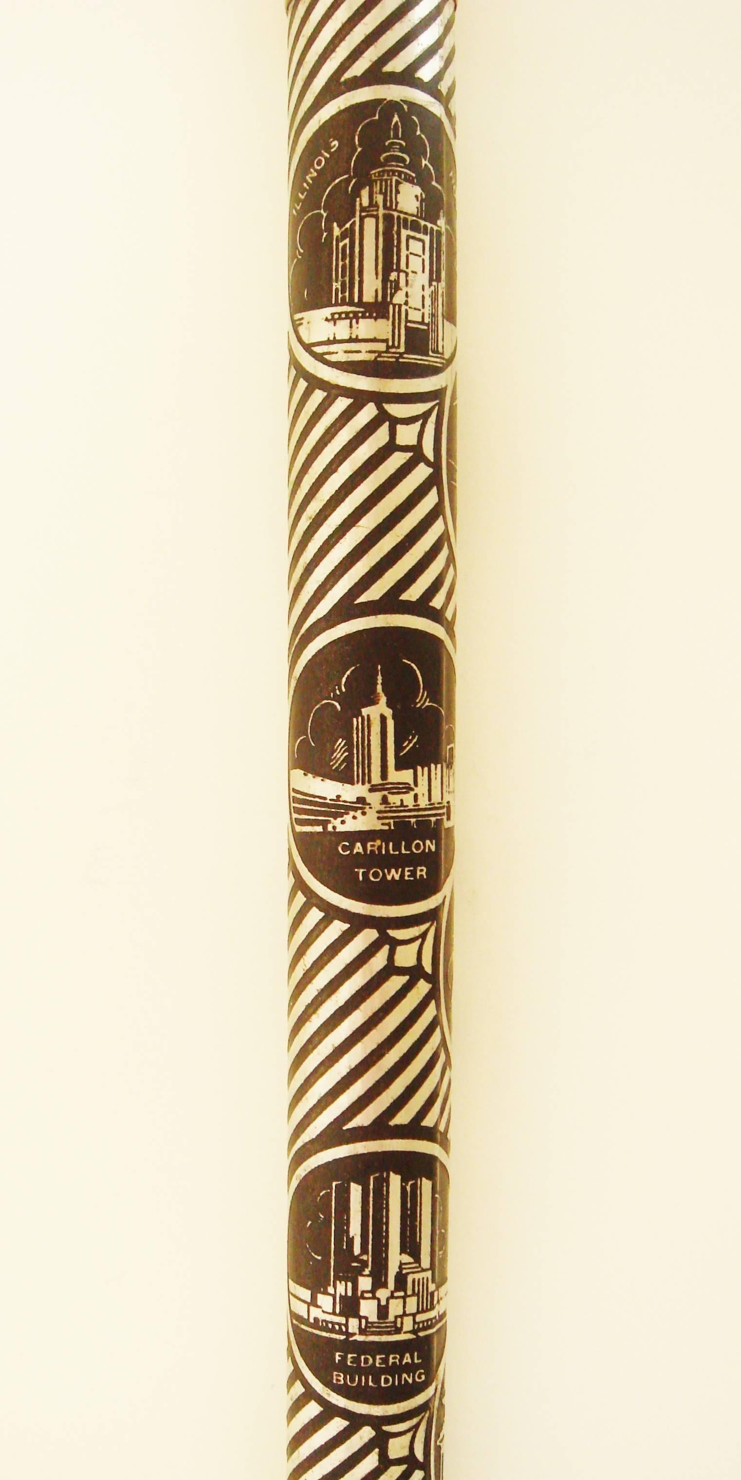 American Art Deco Aluminium Wrap Chicago World's Fair 1934 Souvenir Walking Cane In Excellent Condition In Port Hope, ON