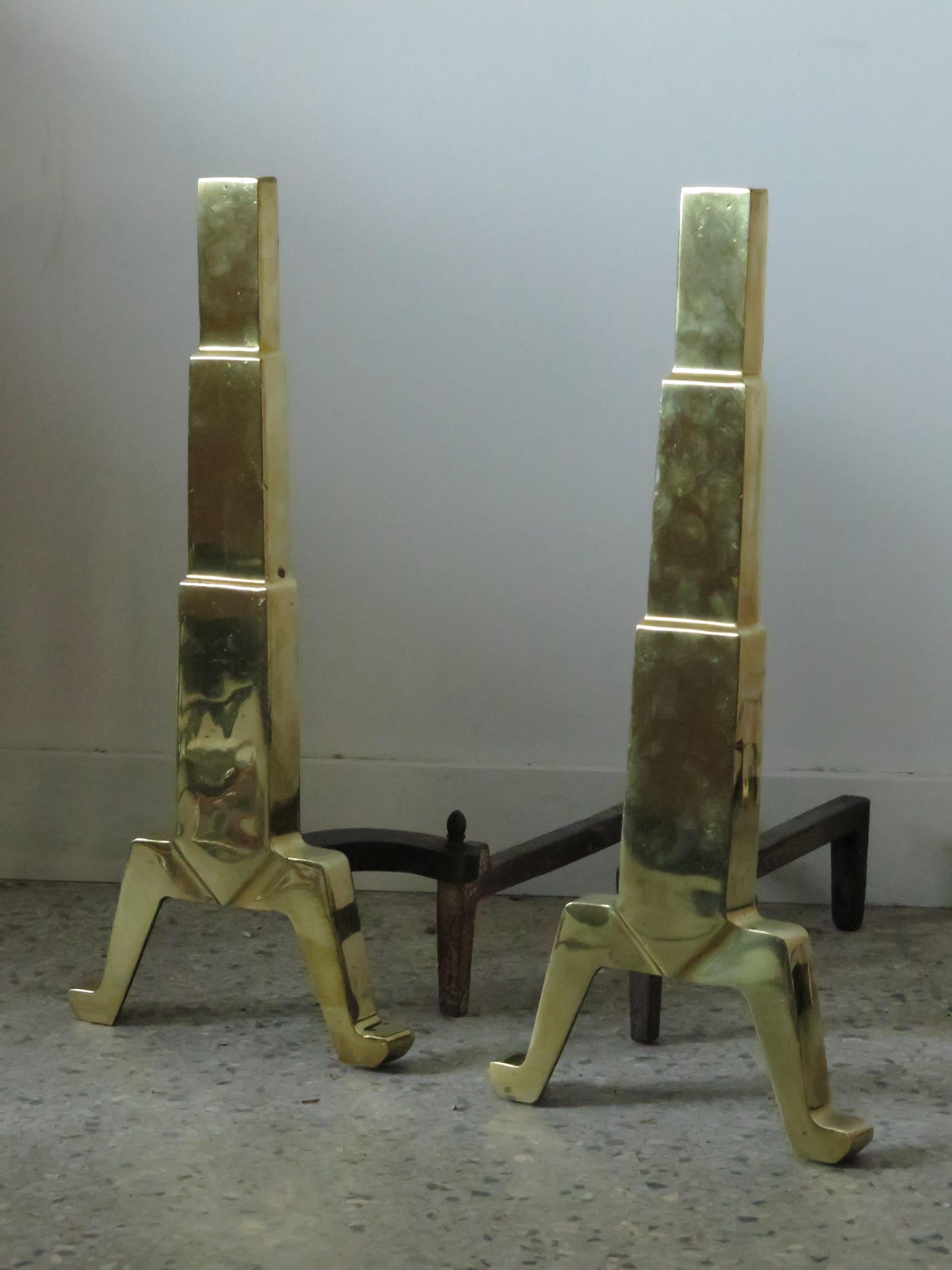 American Art Deco Andirons Polished Brass In Good Condition For Sale In St.Petersburg, FL