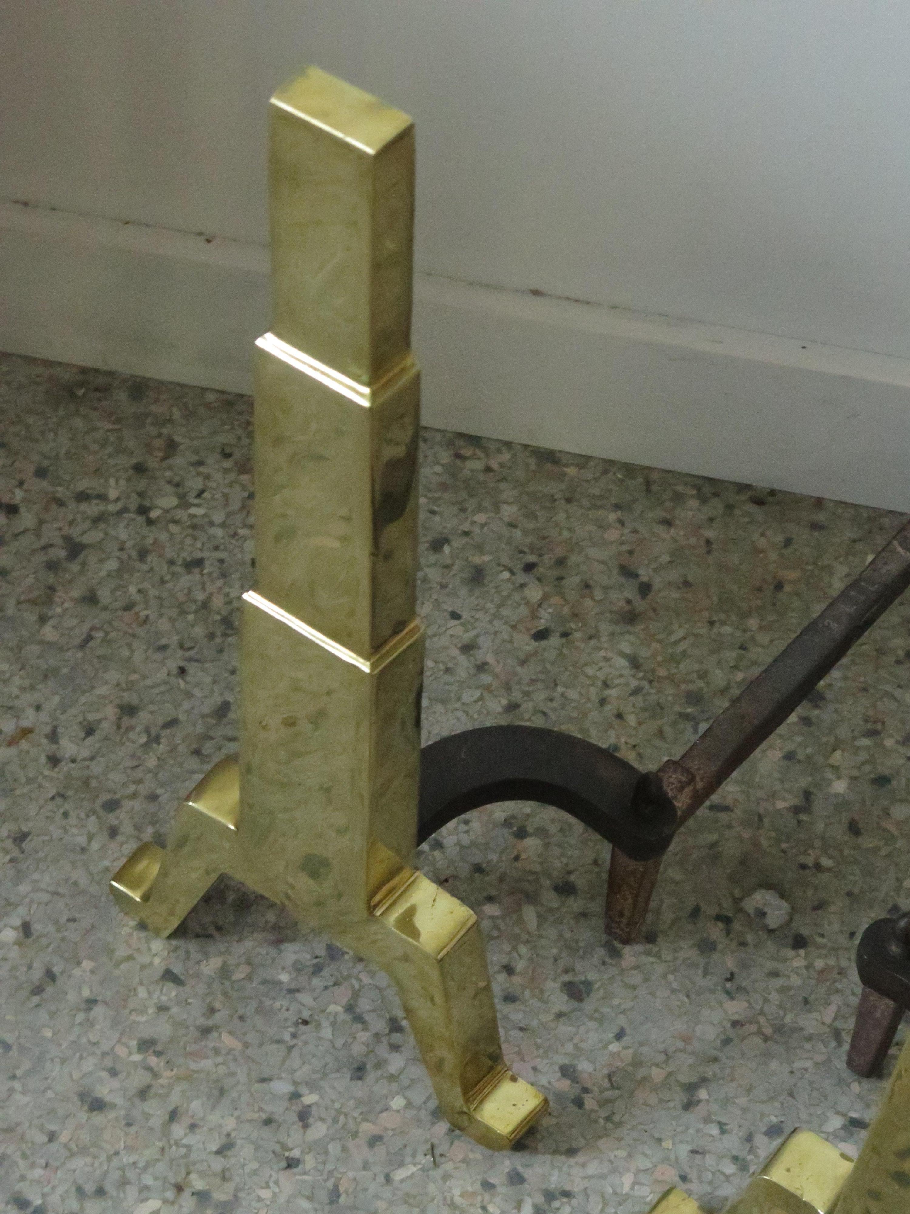 Mid-20th Century American Art Deco Andirons Polished Brass For Sale
