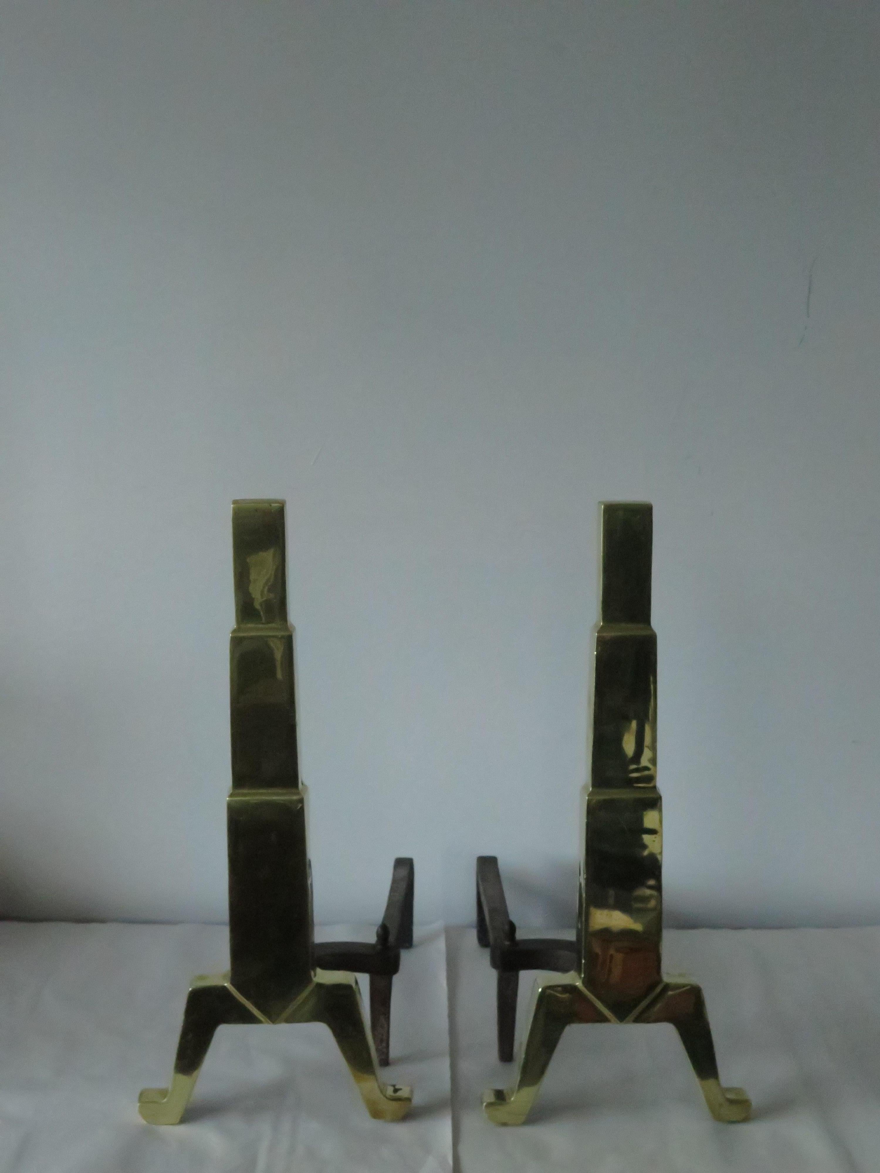 American Art Deco Andirons Polished Brass For Sale 1