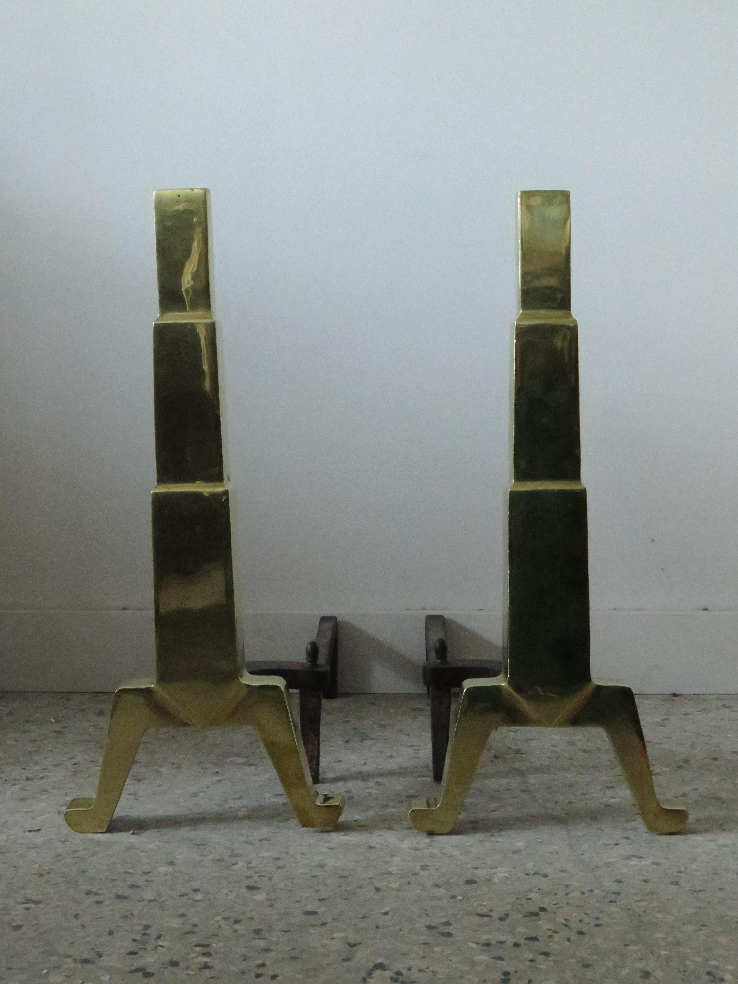 American Art Deco Andirons Polished Brass For Sale 2