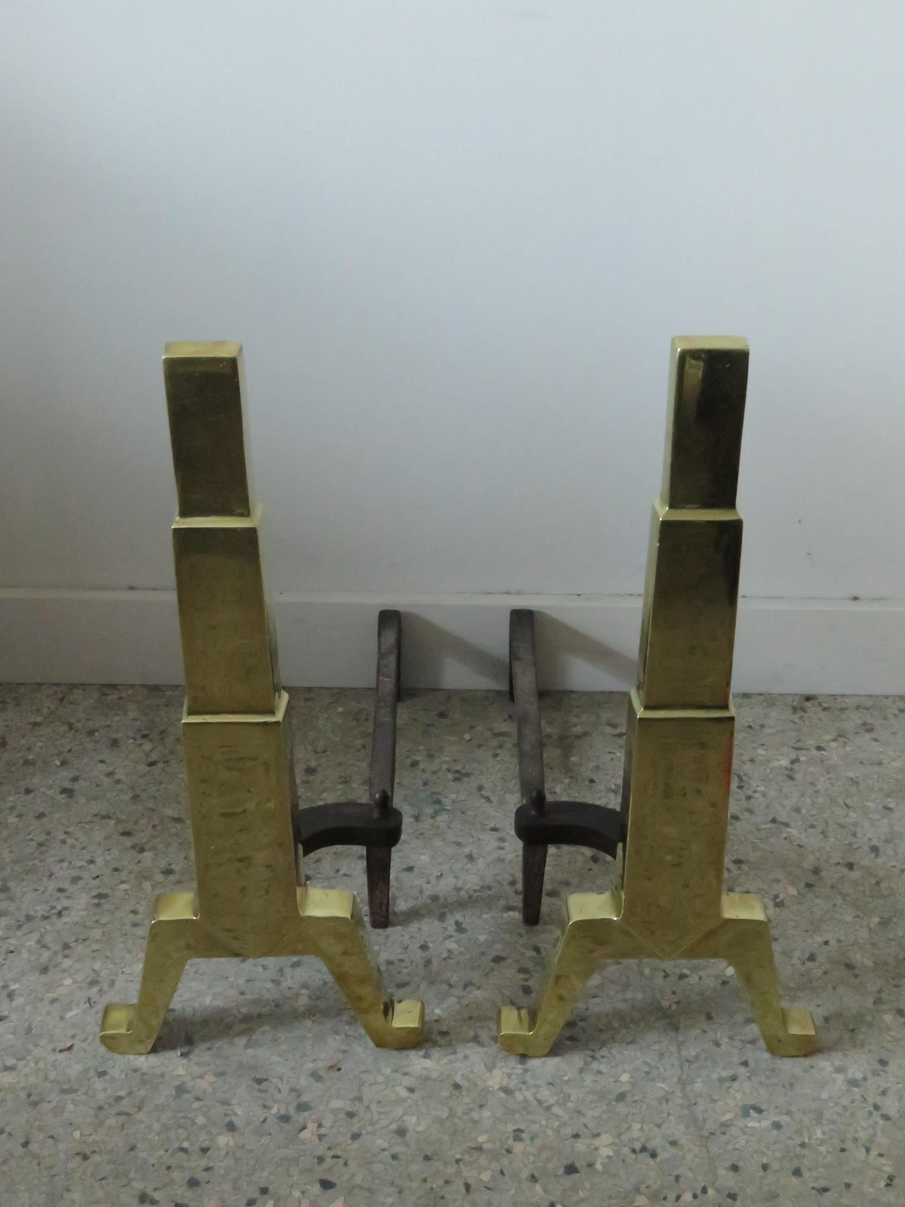 American Art Deco Andirons Polished Brass For Sale 3
