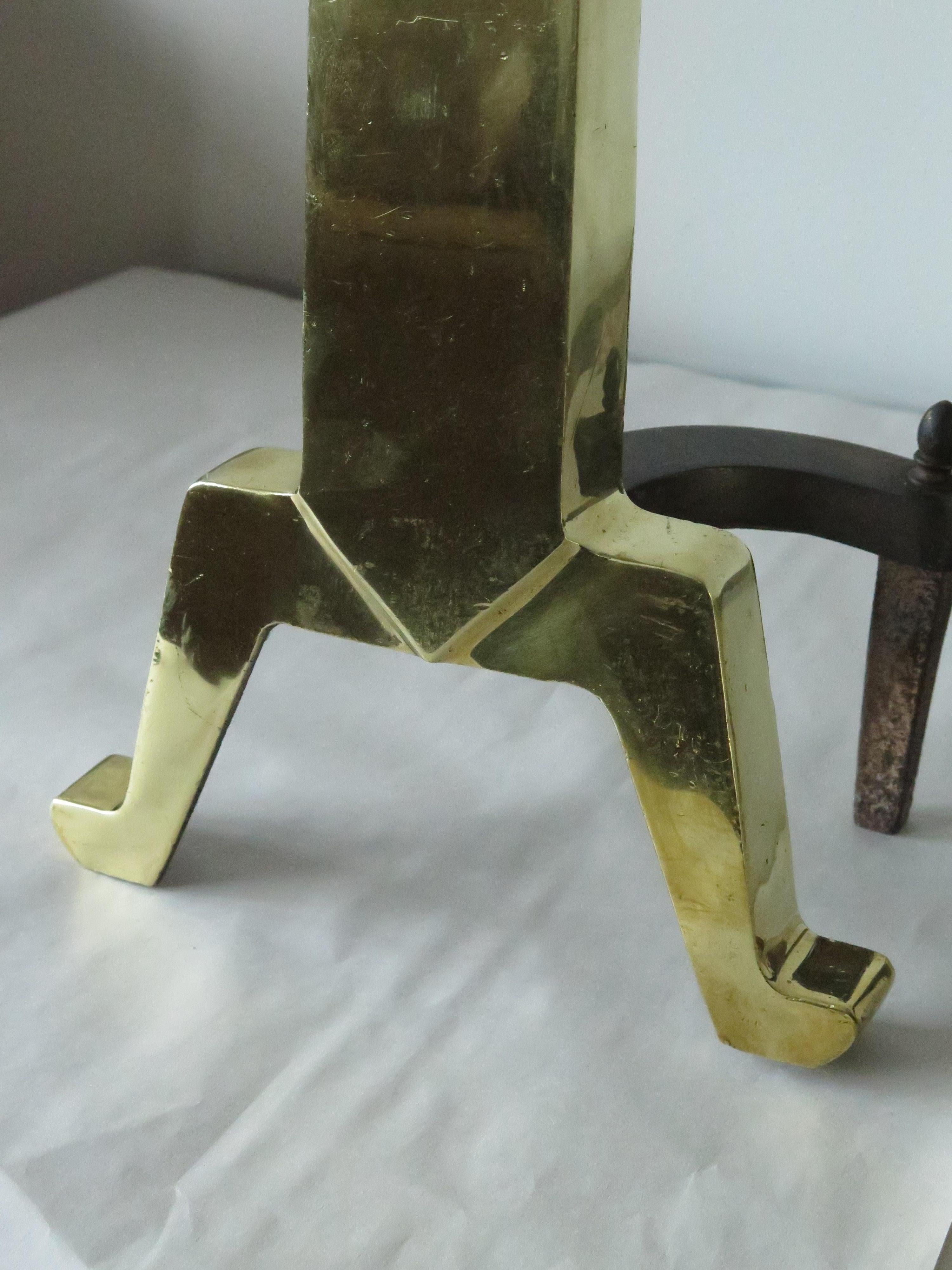 American Art Deco Andirons Polished Brass For Sale 4