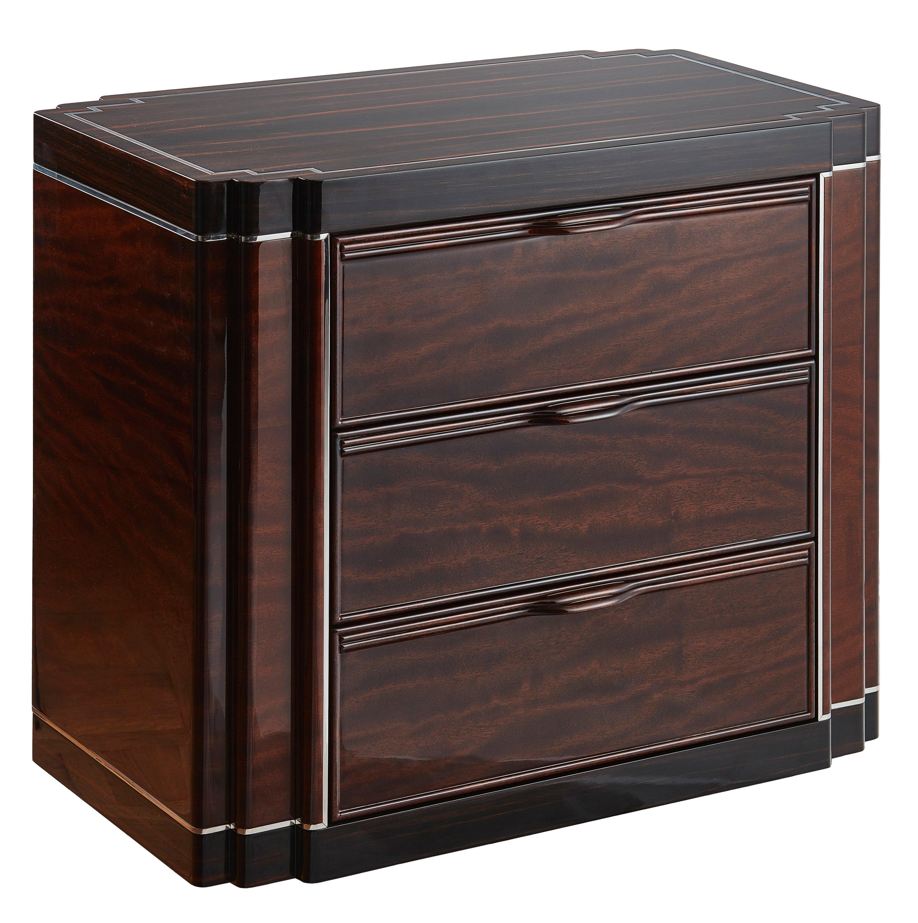 Classic, stylish cabinet finished two-tone acajou and Macassar exotic wood veneer. All finished with high-gloss lacquer. The intricate decoration is made of polished stainless steel inserts. The hand carved custom handles integrated into the edge of