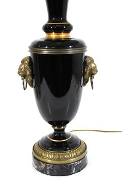 American Art Deco Black Glass Table Lamp with Brass Lion Heads