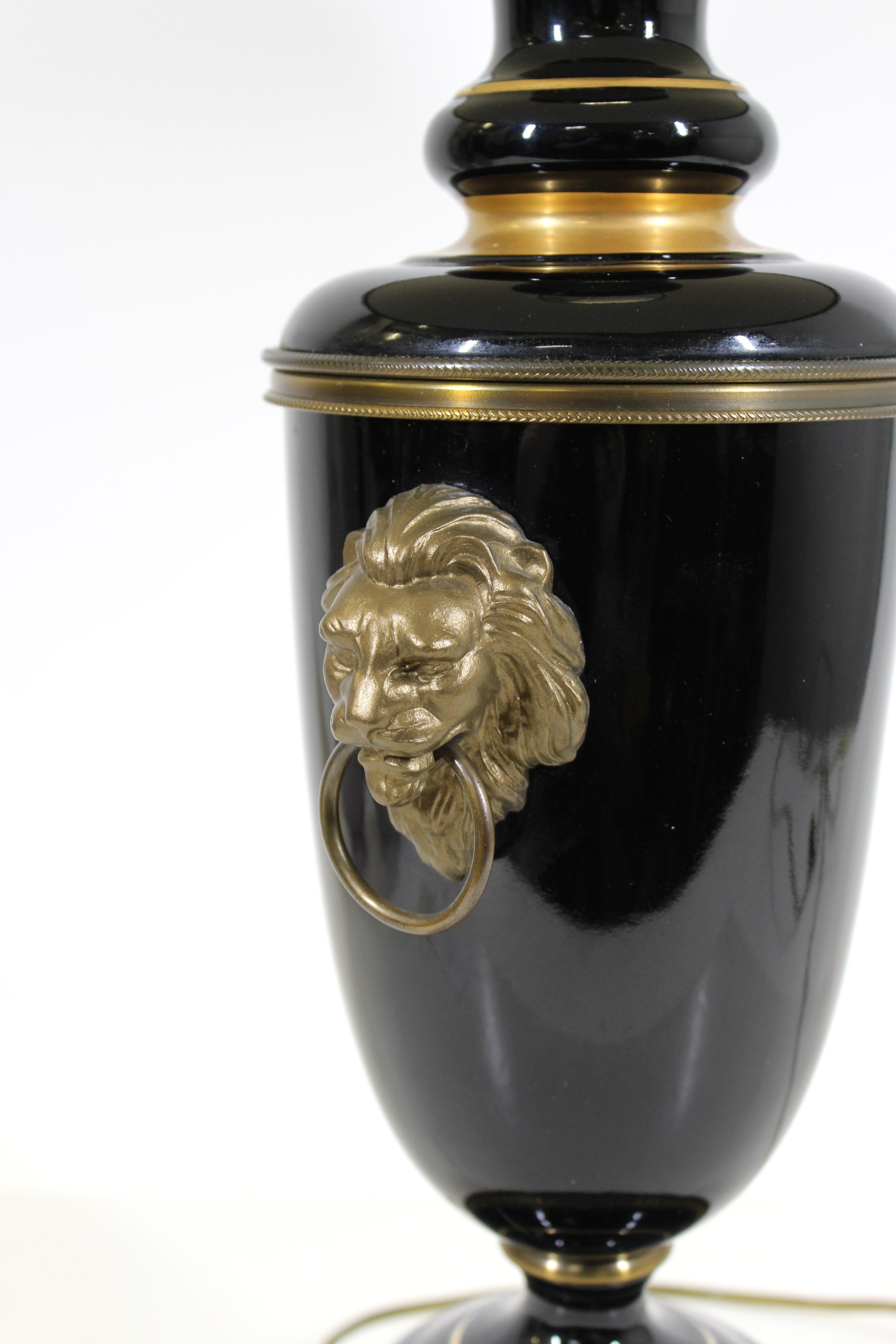 Metal American Art Deco Black Glass Table Lamp with Brass Lion Heads