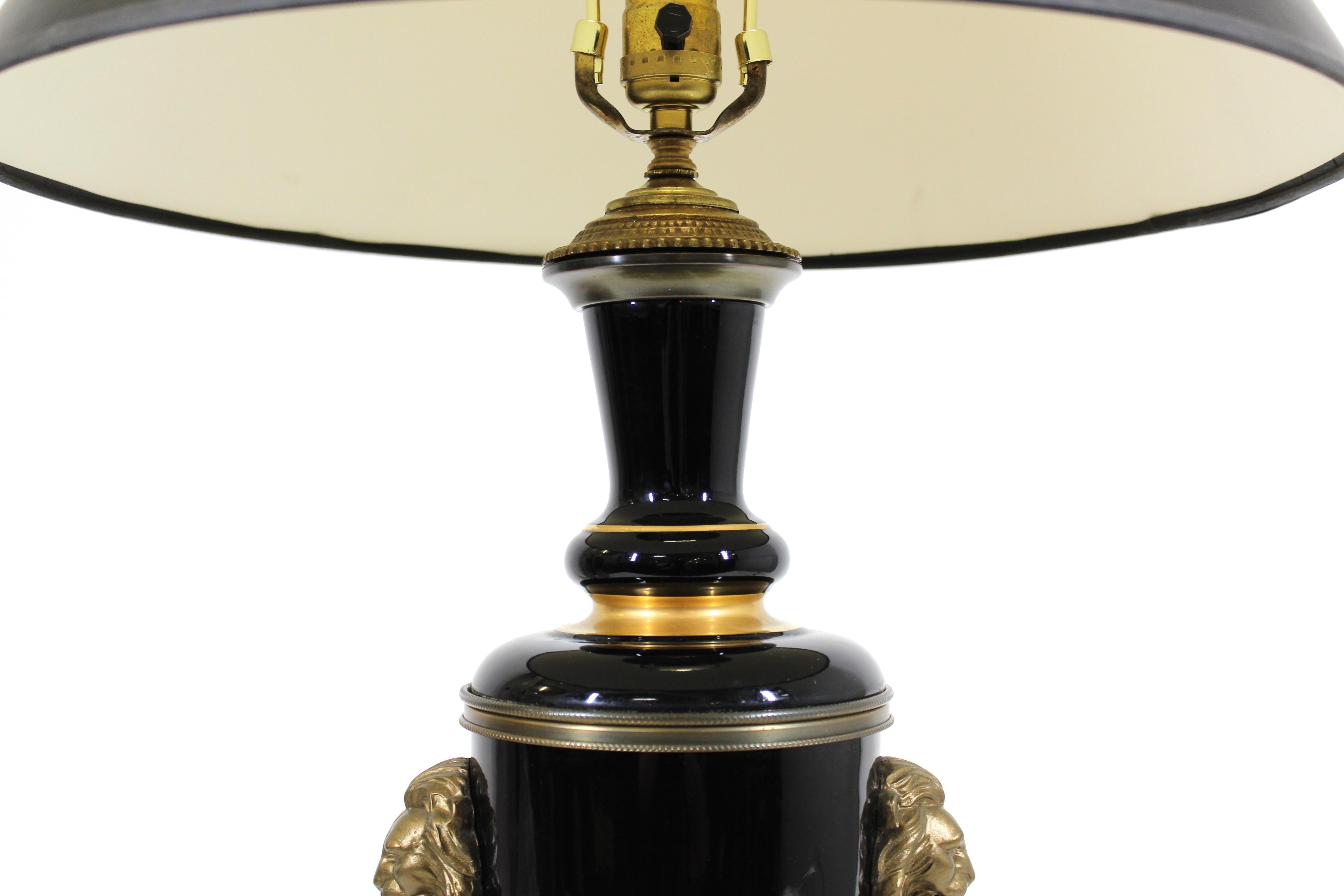 American Art Deco Black Glass Table Lamp with Brass Lion Heads 3