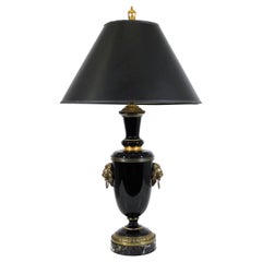American Art Deco Black Glass Table Lamp with Brass Lion Heads