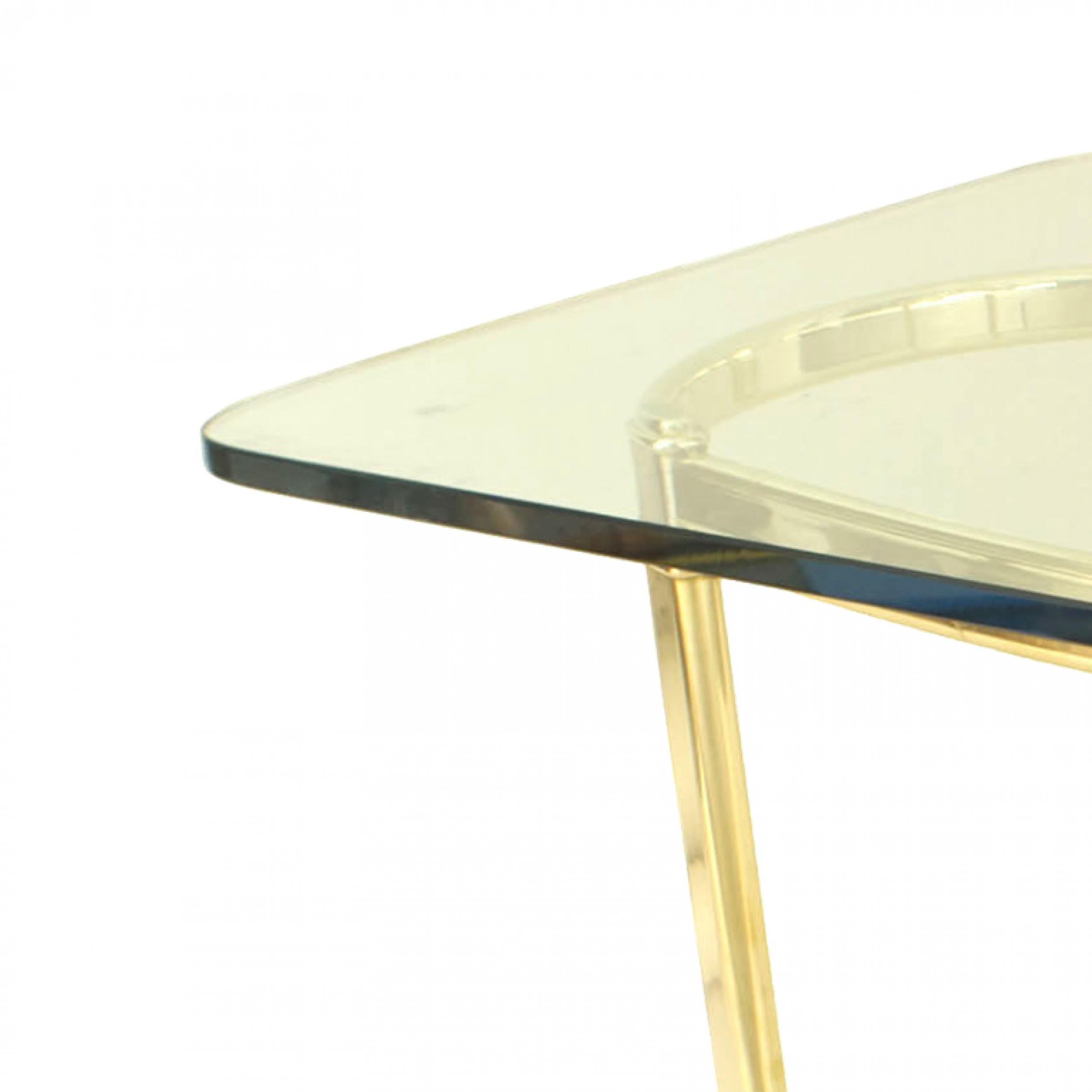 American Mid-Century Modern brass and copper trimmed oval dining table base with a stretcher.

Condition: Good; Wear consistent with age and use