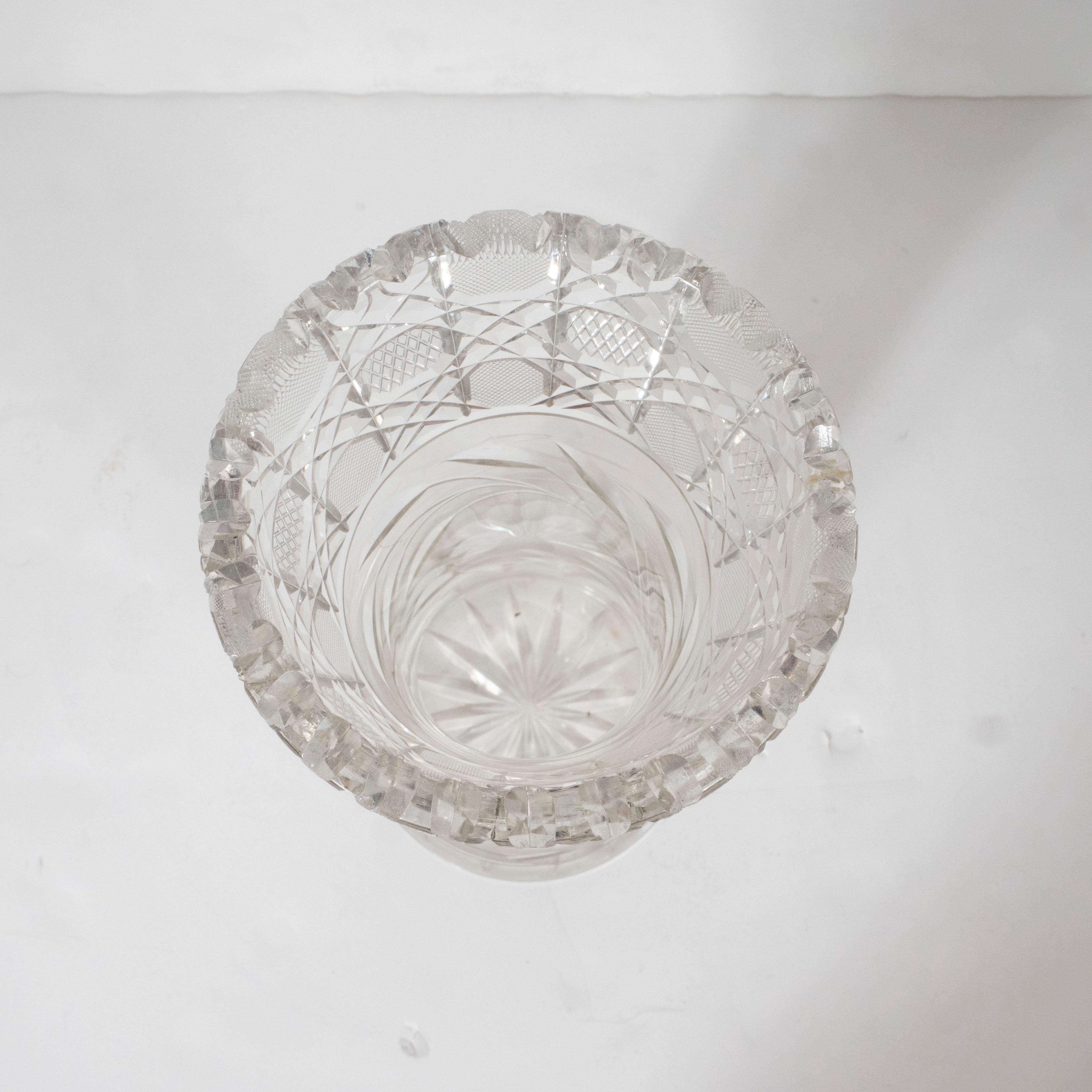 American Art Deco Brilliant Cut Glass Vase with Etched Floral Designs In Excellent Condition In New York, NY