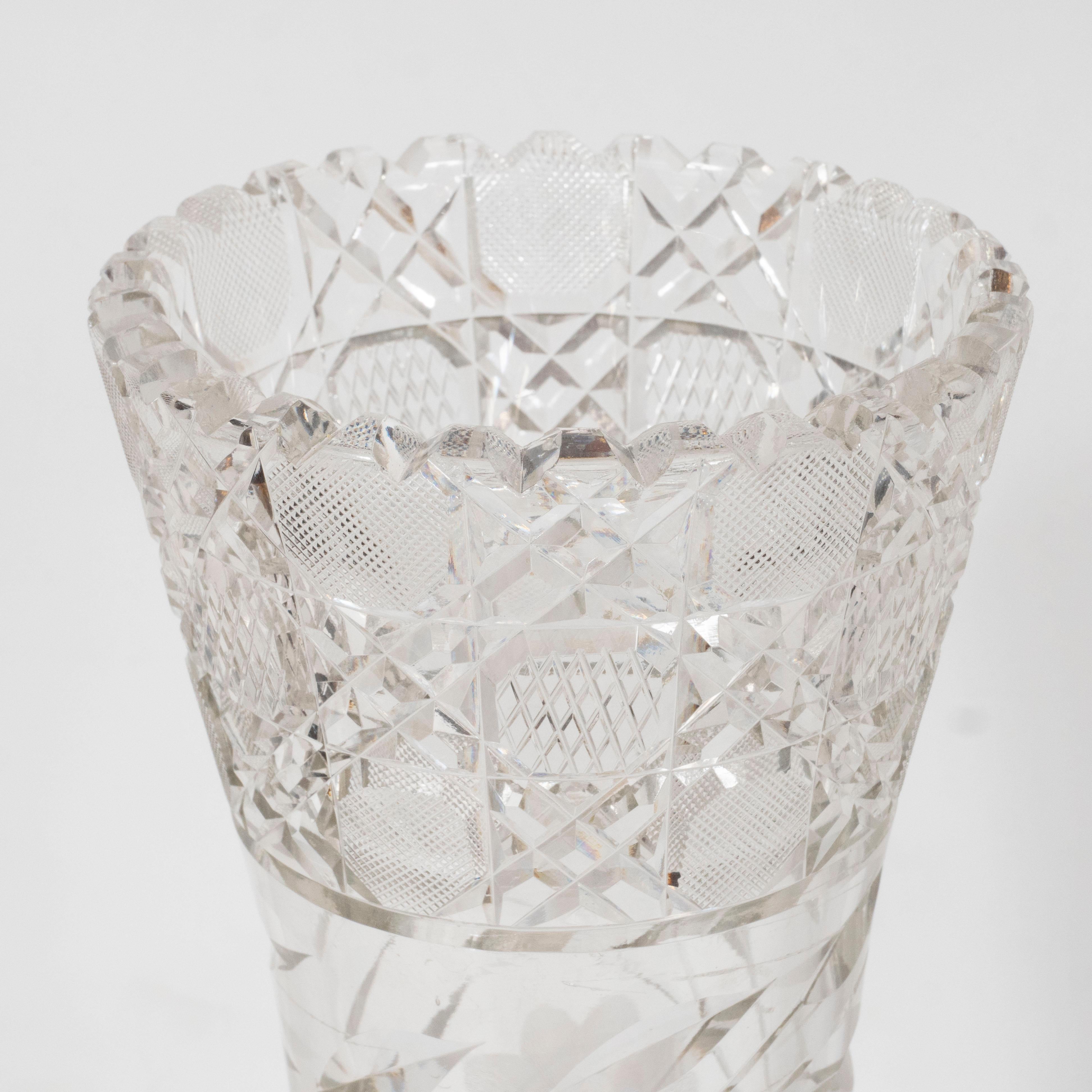 Early 20th Century American Art Deco Brilliant Cut Glass Vase with Etched Floral Designs