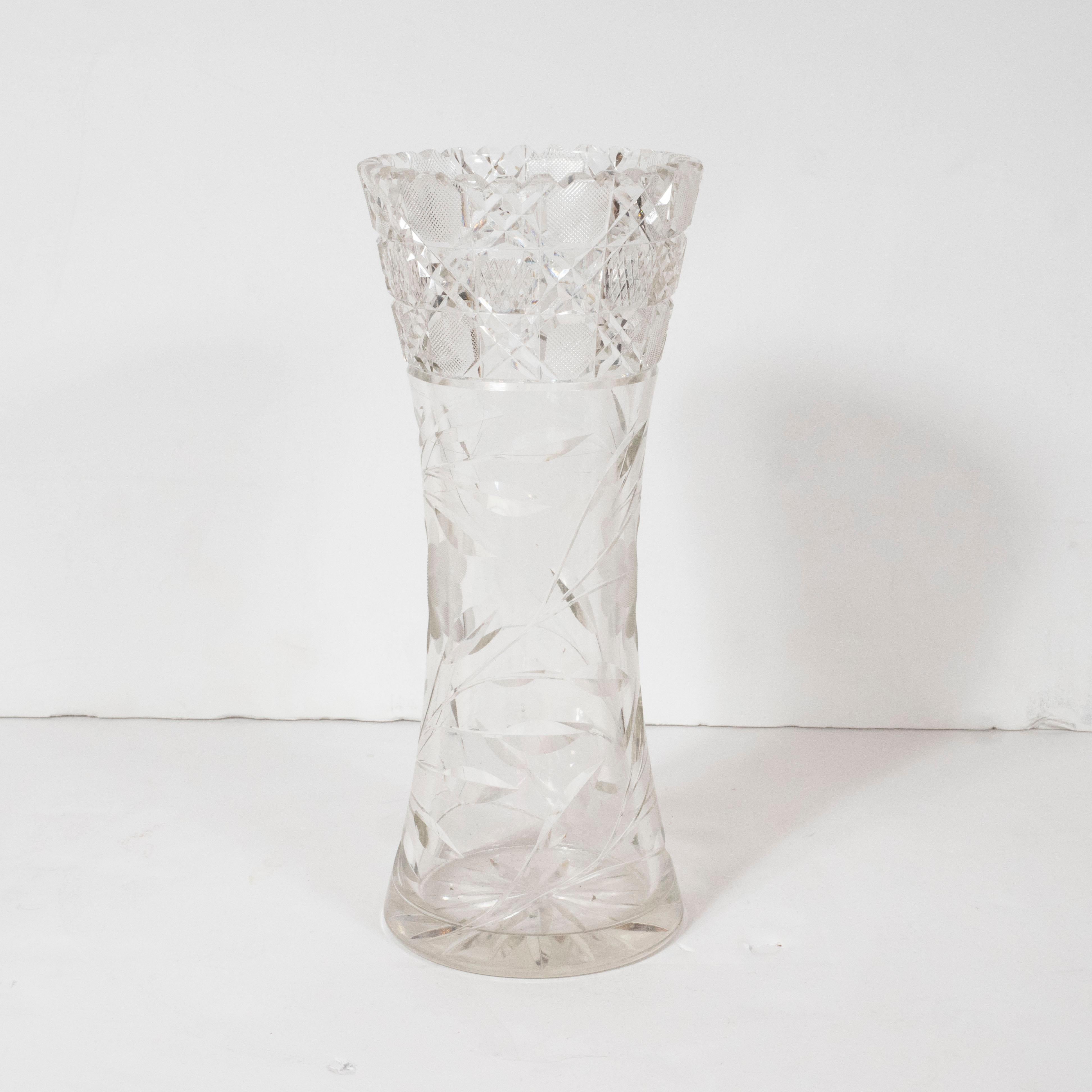 American Art Deco Brilliant Cut Glass Vase with Etched Floral Designs 1