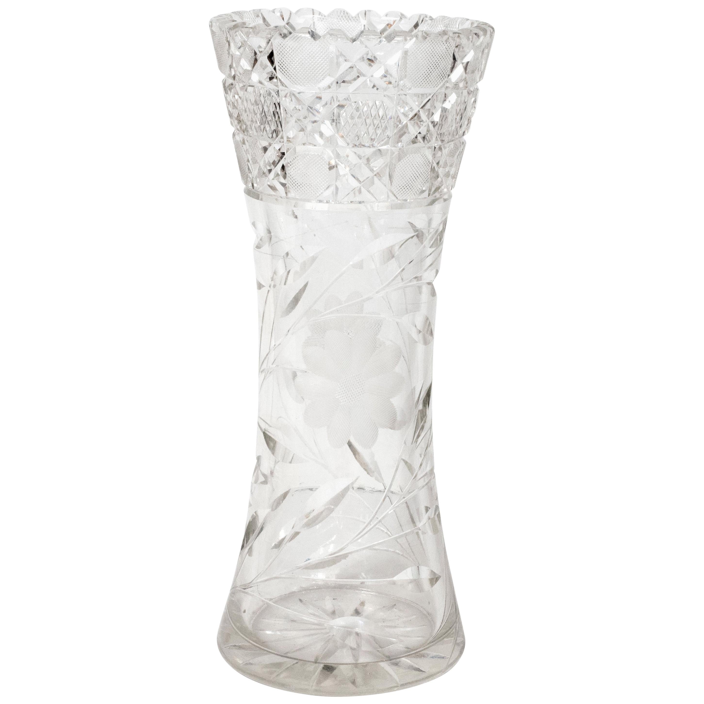 American Art Deco Brilliant Cut Glass Vase with Etched Floral Designs