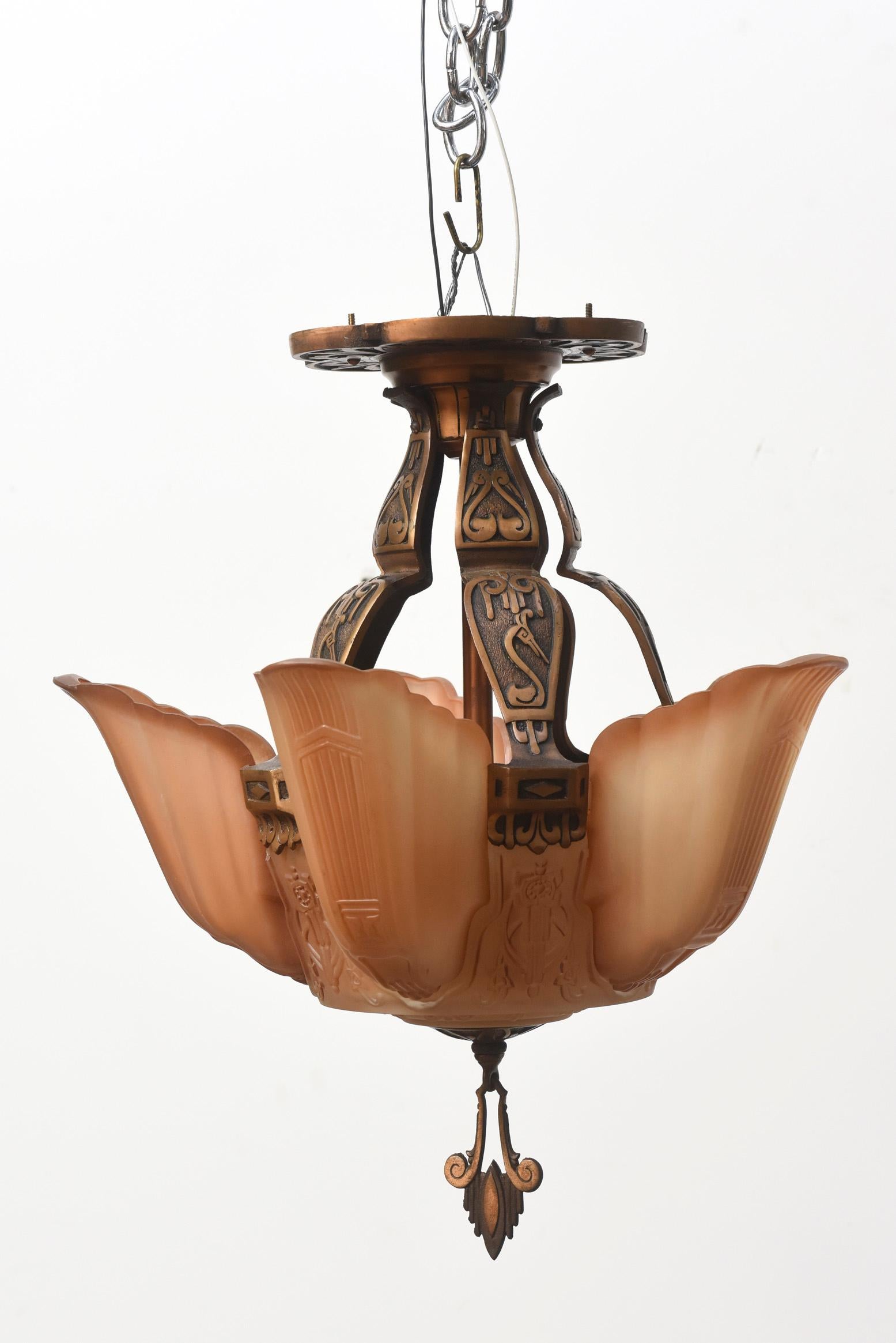 Cast American Art Deco Bronze and Glass Chandelier by Markel