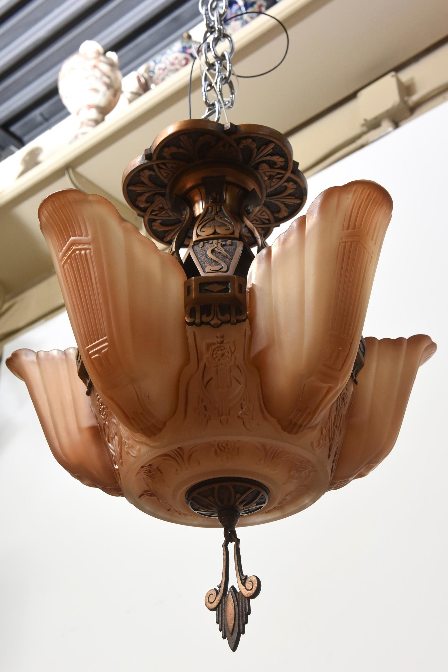 American Art Deco Bronze and Glass Chandelier by Markel In Excellent Condition In Canton, MA