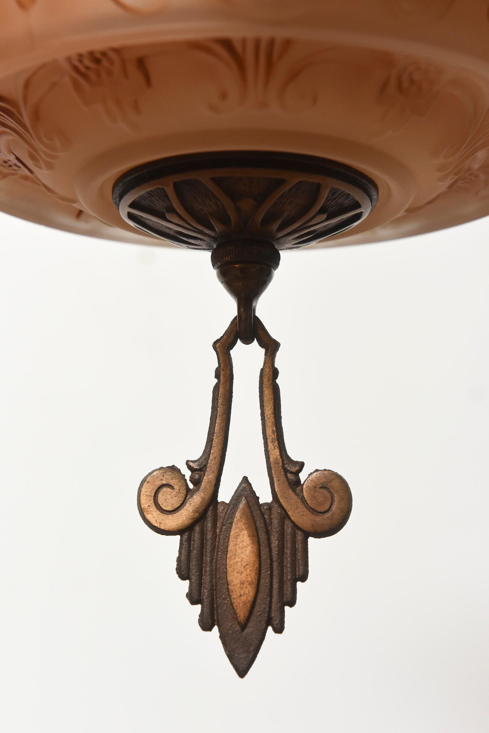 20th Century American Art Deco Bronze and Glass Chandelier by Markel