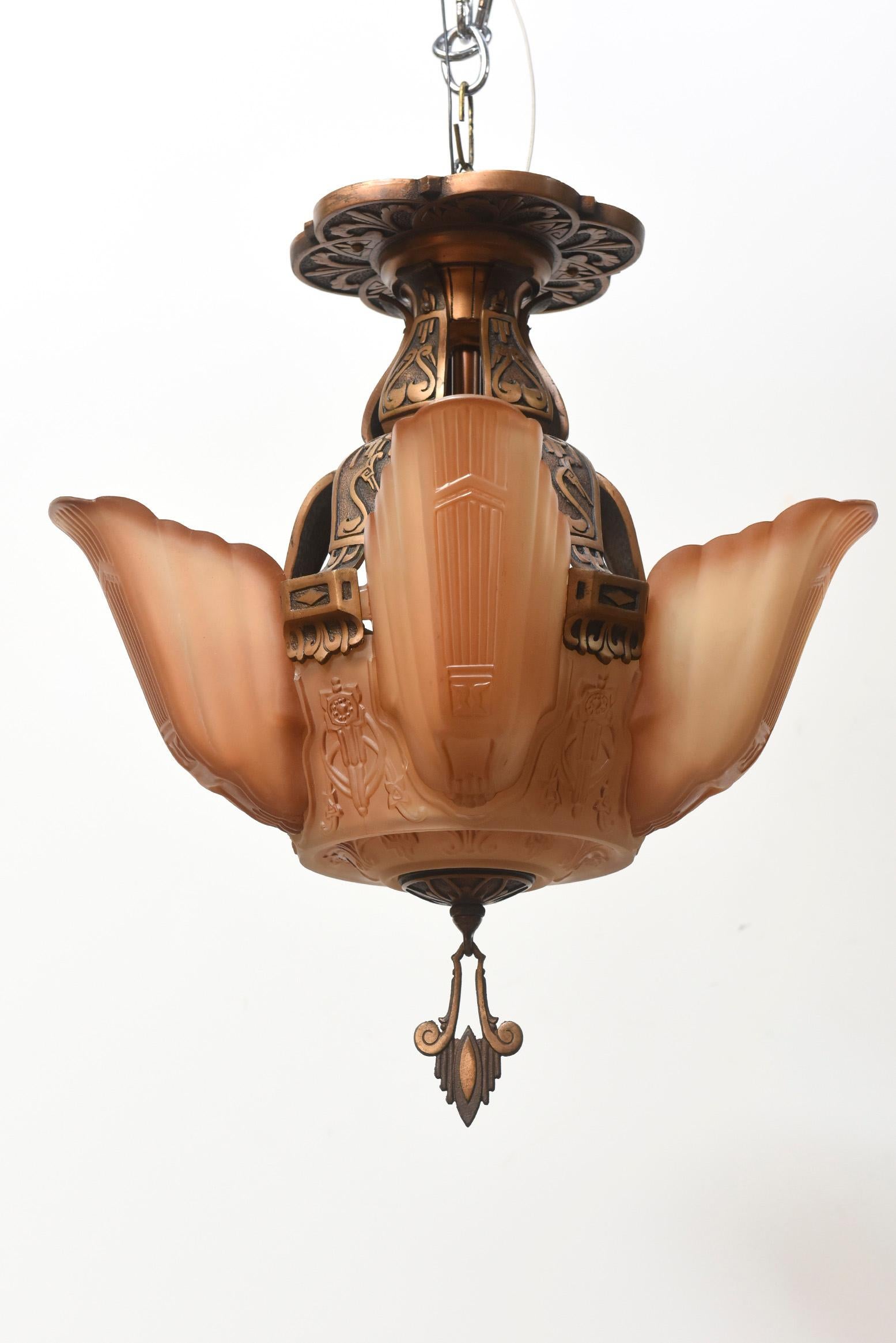 American Art Deco Bronze and Glass Chandelier by Markel 3