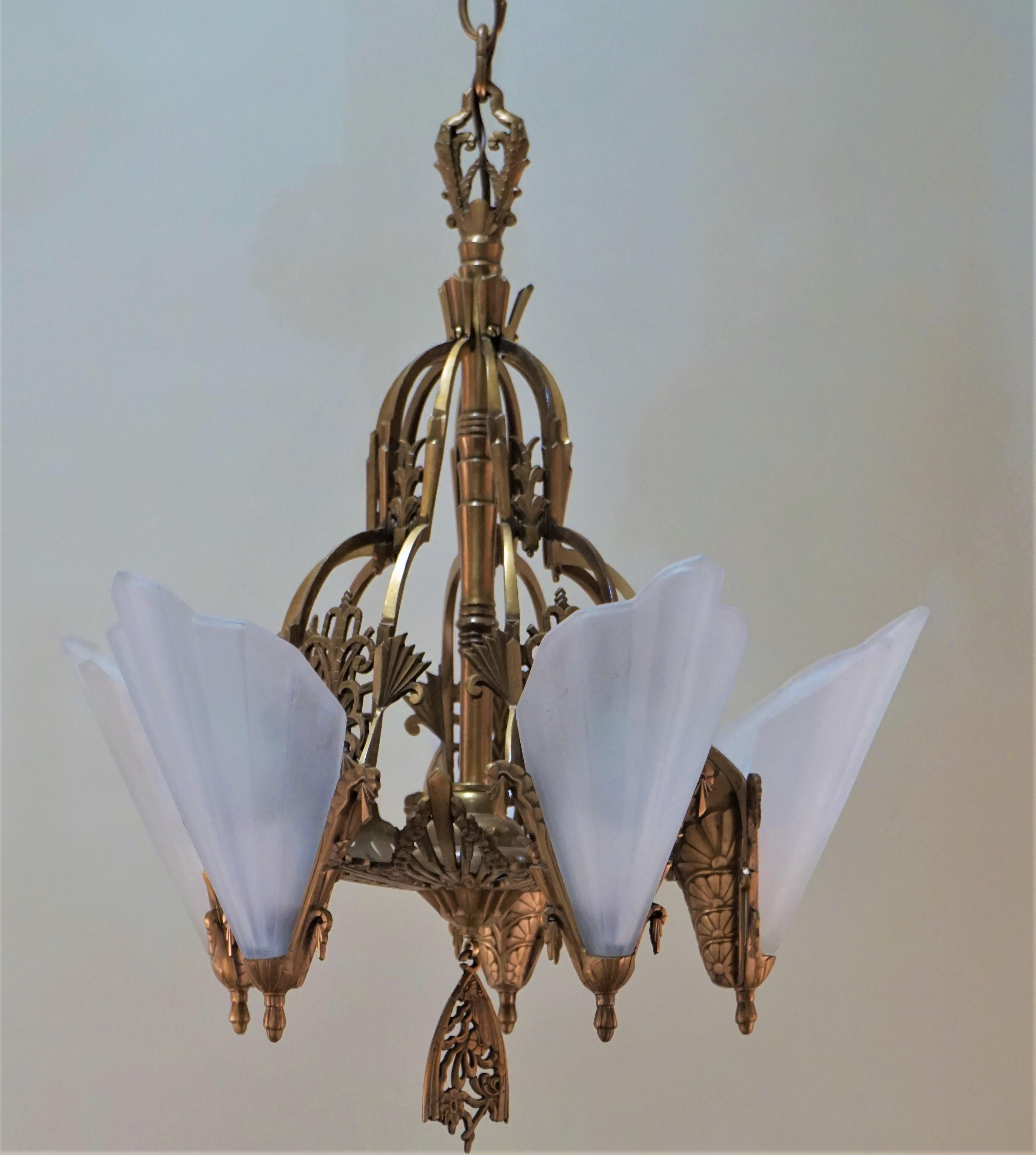 American Art Deco Bronze and Glass Chandelier by Midwest Mfg. Co 4